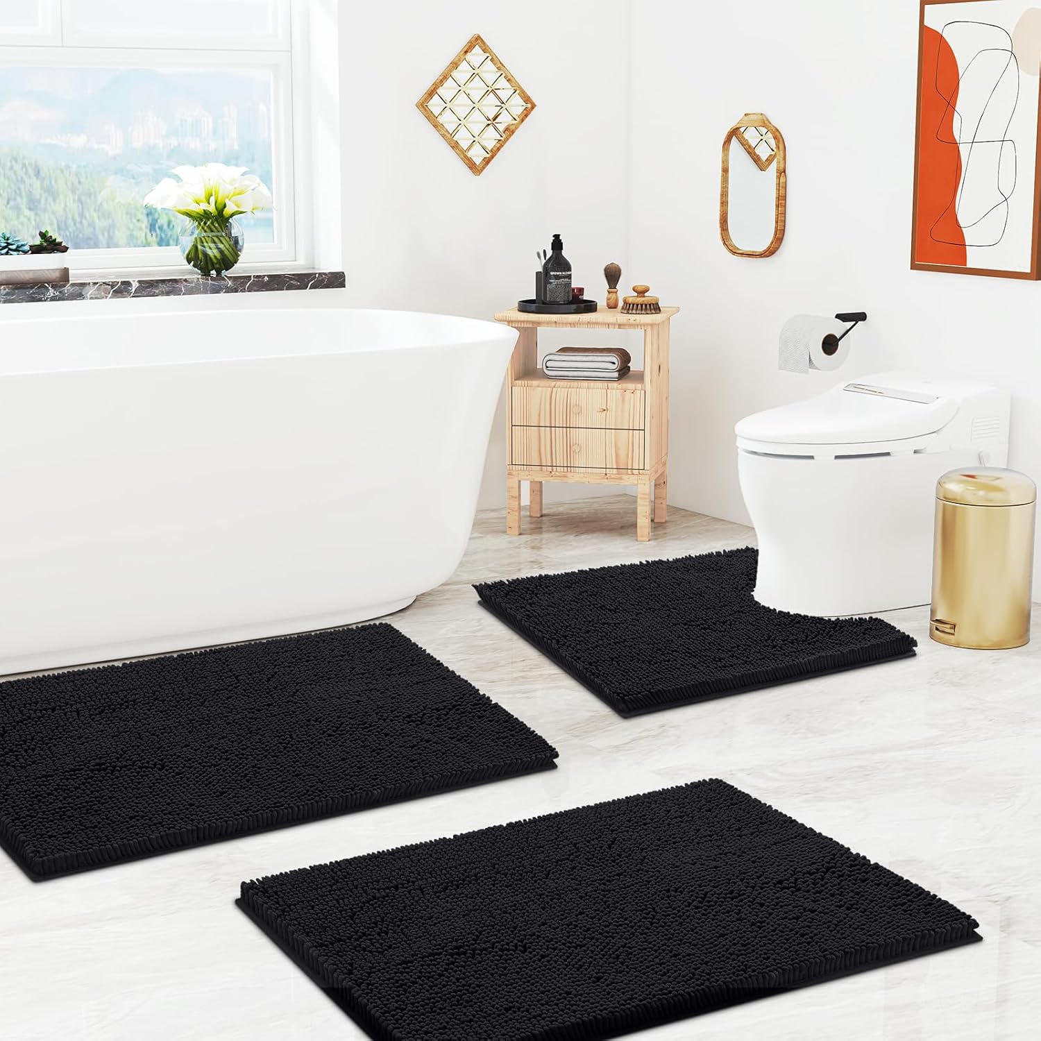 Smiry Chenille Bathroom Rugs 36x24+30x20 and U-Shaped Toilet Bath Rugs 24x20, Extra Soft and Absorbent Shaggy Bath Mat, Machine Washable, Non-Slip Plush Carpet, Black