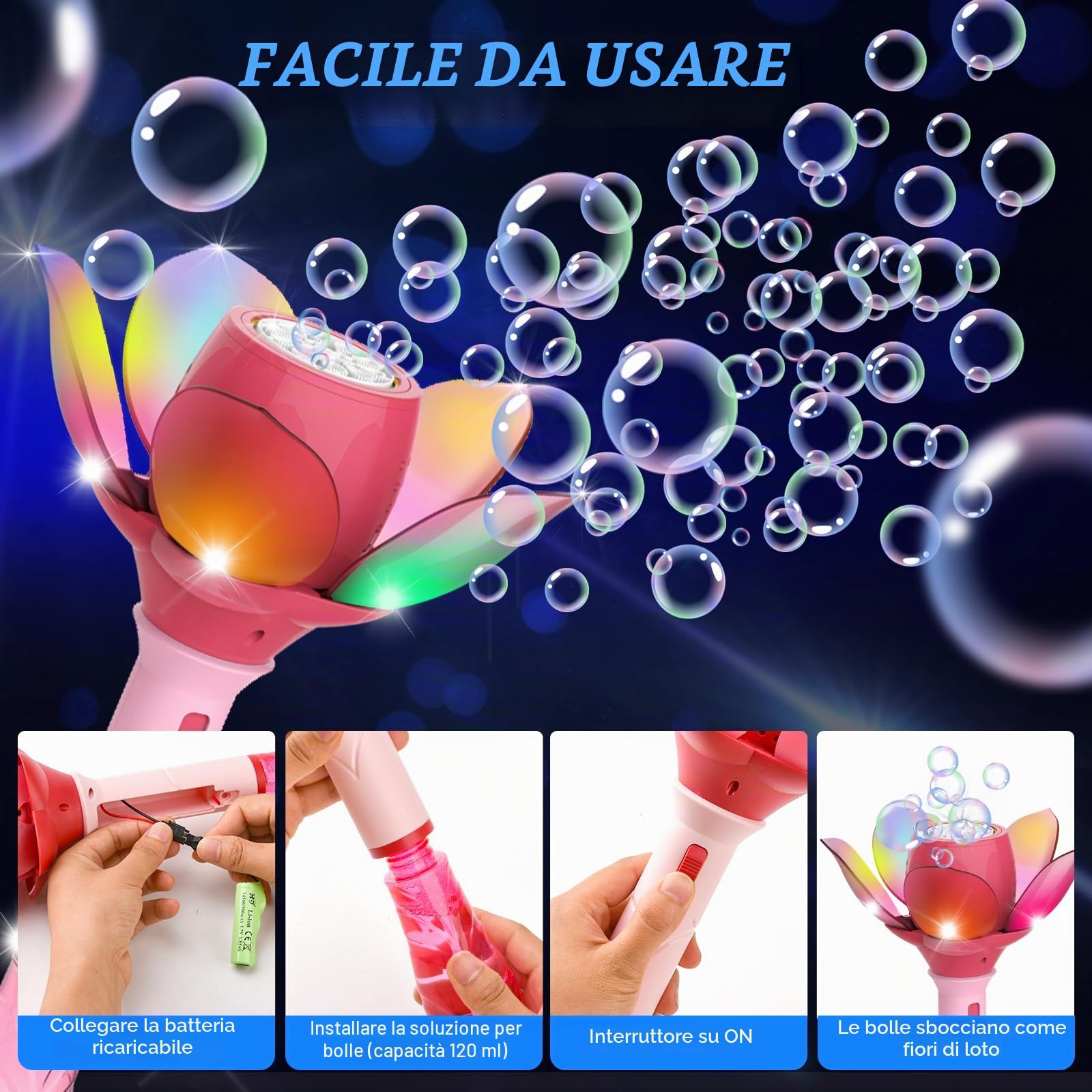 Fiore di Loto Pistola a Bolle, Pistola Bolle di Sapone Bambini 10000+ Bolle/Minuto, Sparabolle di Sapone Bambini Automatico con 120ml Soluzione di Bolla e 8x 10ml Bolla Bottiglia di Ricarica