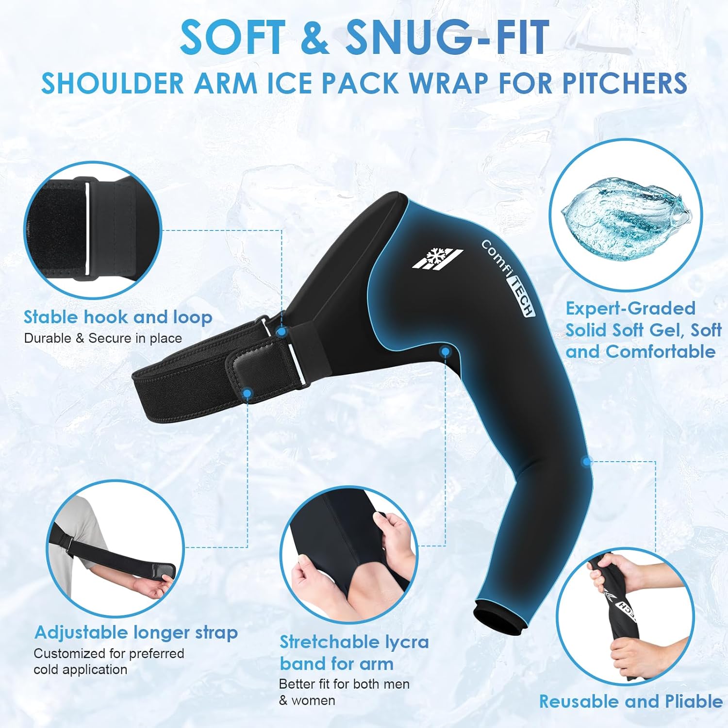 ComfiTECH Shoulder Arm Ice Pack Wrap for Pitchers & Volleyball Players, Reusable Ice Pack for Shoulder & Elbow & Arm Cooling, Adjustable Ice Arm Sleeve for Post-Training Recovery & Muscle Comfort, L