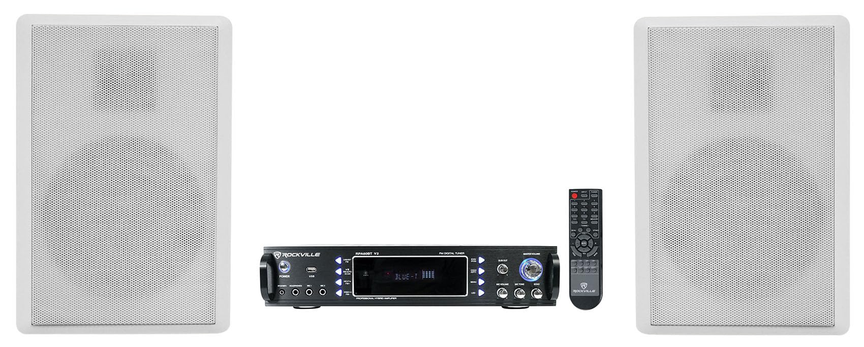 Rockville Bundle: RPA60BT V2 1000-Watt 2-Ch USB Amplifier Bundle with Pair of RockSlim White Home Theater 5.25" 240-Watt Slim Wall-Mount Speakers (2 Items)