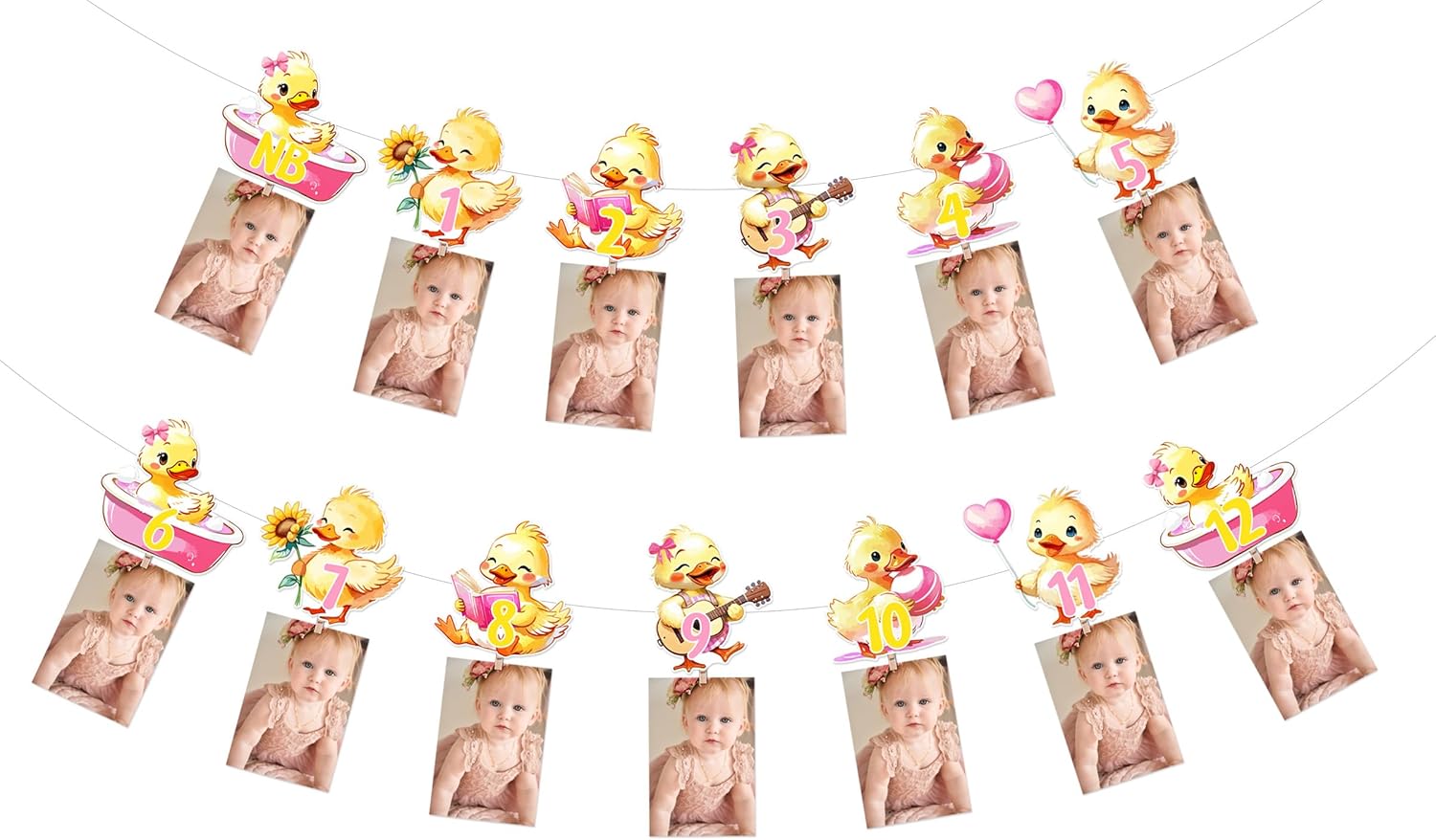One Lucky Duck Photo Banner Pink Duck 1st Birthday Banner Cute Farm Animal Newborn to 12 Months Monthly Photo Banner for Girls First Birthday Party Supplies