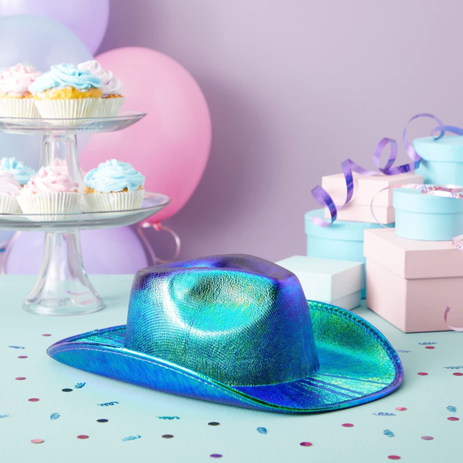 Zodaca Holographic Western Cowboy Hat with Feathers, Cowgirl Costume Accessories (Blue and Green, Youth Size Small)