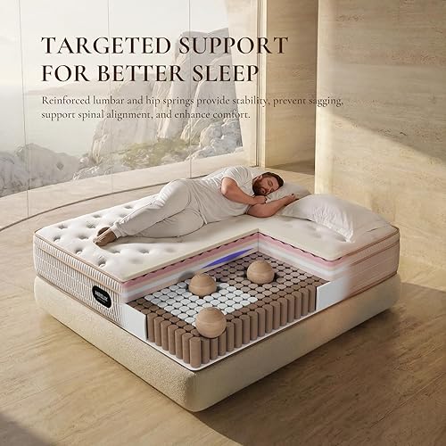 Miniatura 6 de Colchón tamaño matrimonial de 12 pulgadas, felpa mediana con espuma viscoelástica y bobinas de bolsillo envueltas individualmente, sin fibra de