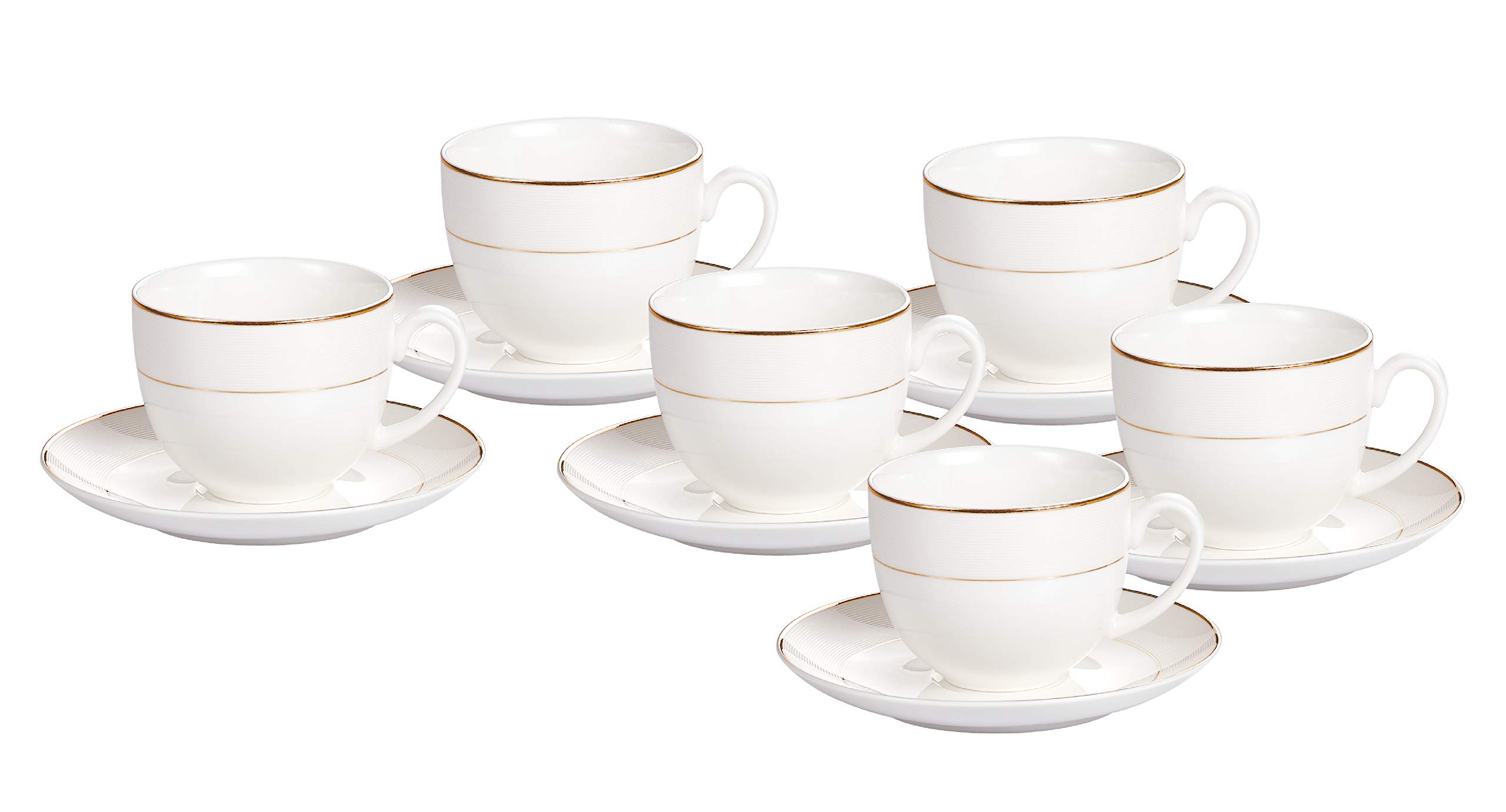 Shallow Bone China 6 cup & 6 saucers- 12pcs set, White/Gold, 220cc, TS-200-LIN-B, 12 Pieces