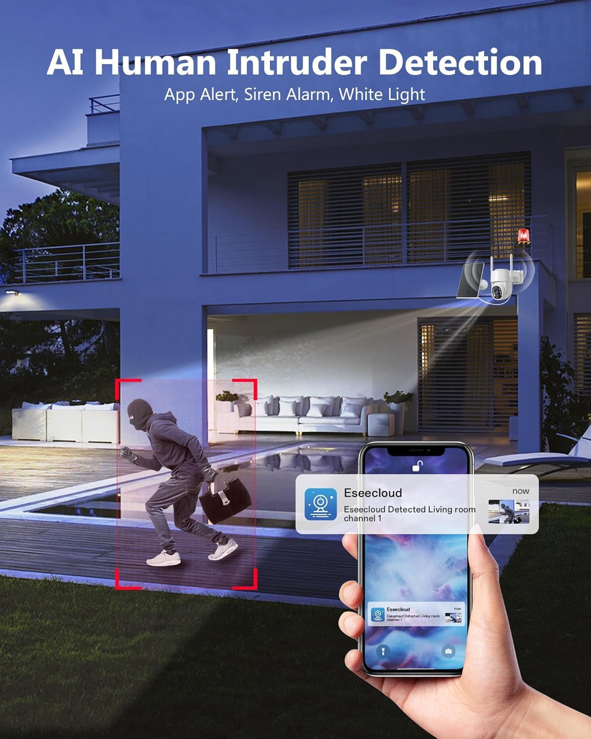 Sistema di telecamere di sicurezza 2K, 5 GHz e 2,4 GHz, WiFi, per la sicurezza domestica, installazione senza fili, rilevamento AI, audio bidirezionale, avvisi mobili, archiviazione SD/cloud, visione