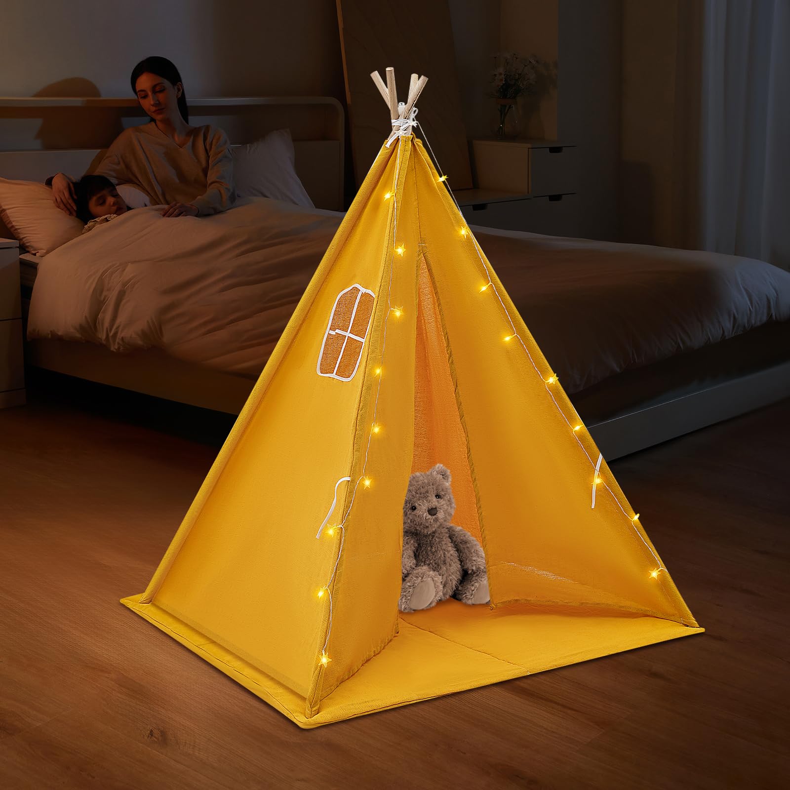 Tenda per bambini, capanna per interni per bambini, tenda Tipi ragazza ragazzo, cotone lino, tappeto imbottito, fissatori, ghirlanda luminosa, angolo lettura e gioco, decorazione per compleanno