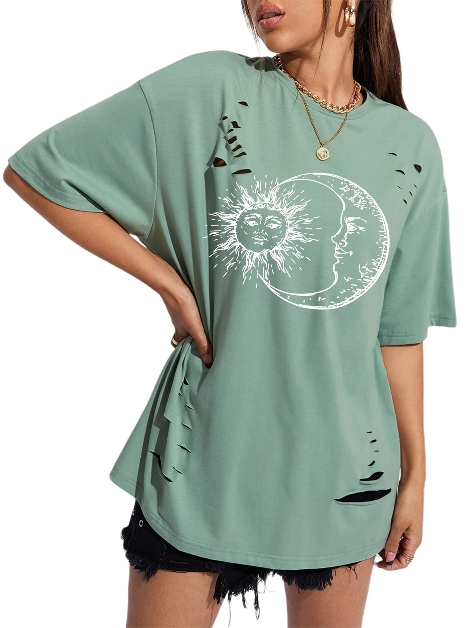 RemidooWomen's Casual Solid Crewneck Short Sleeve Oversized T Shirt Loose Tops