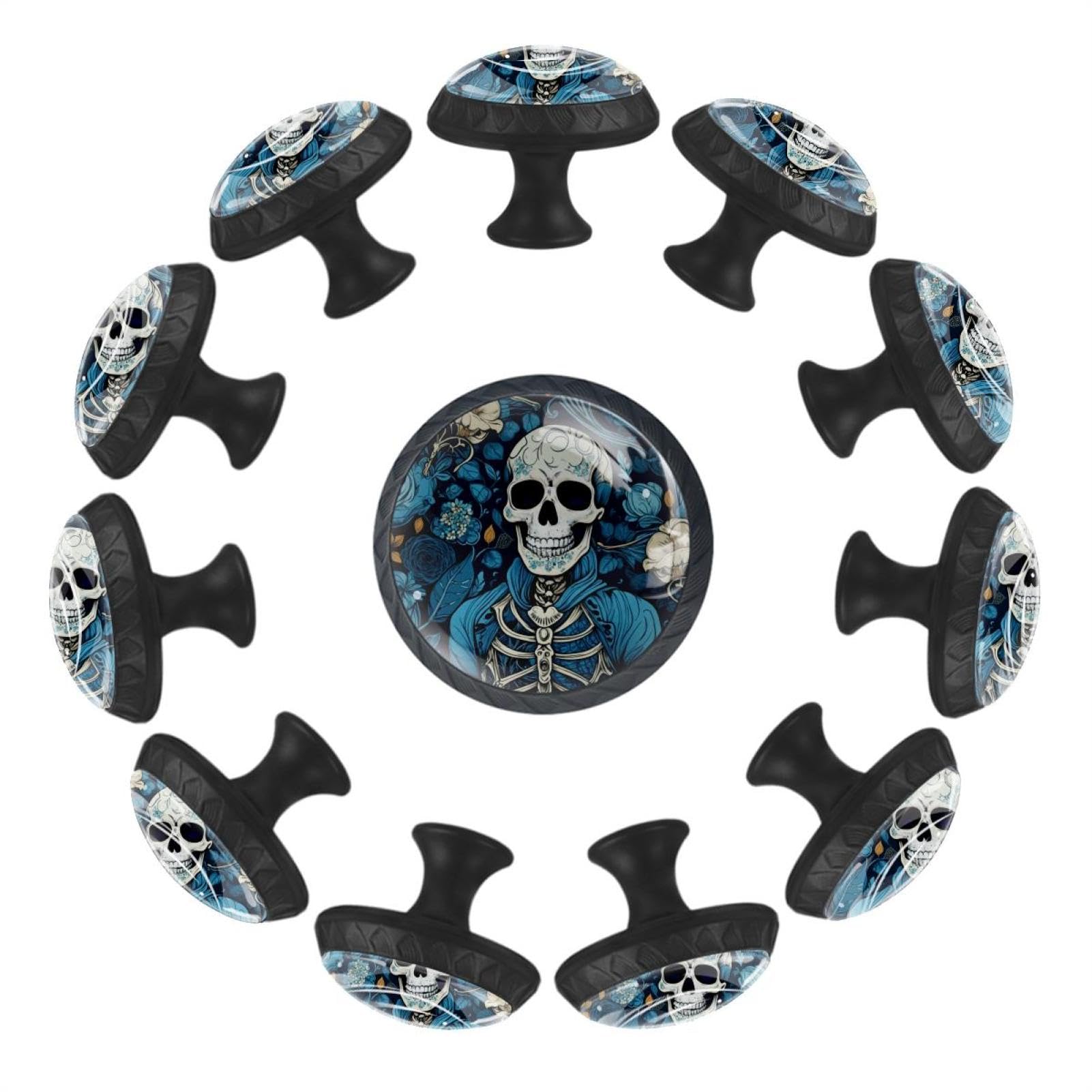 Boutons de tiroir en verre pour relooker votre cuisine avec le motif tête de mort fleur bleue