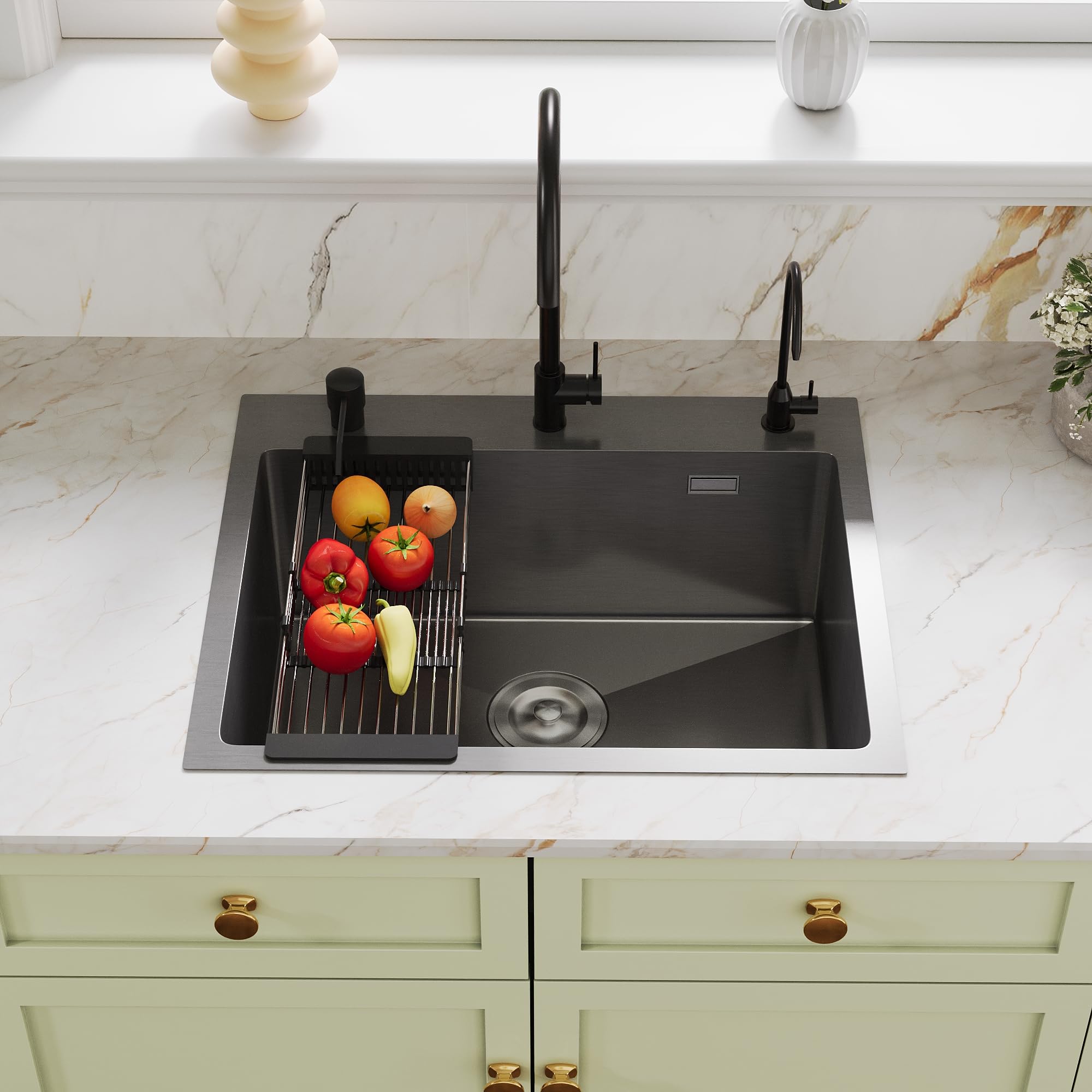 DeerValley Kitchen Sink Black with Faucet, Stainless Steel Single Bowl Small Kitchen Sinks with Retractable Drainer Basket and Overflow, Pop-Up Strainer 55x45cm