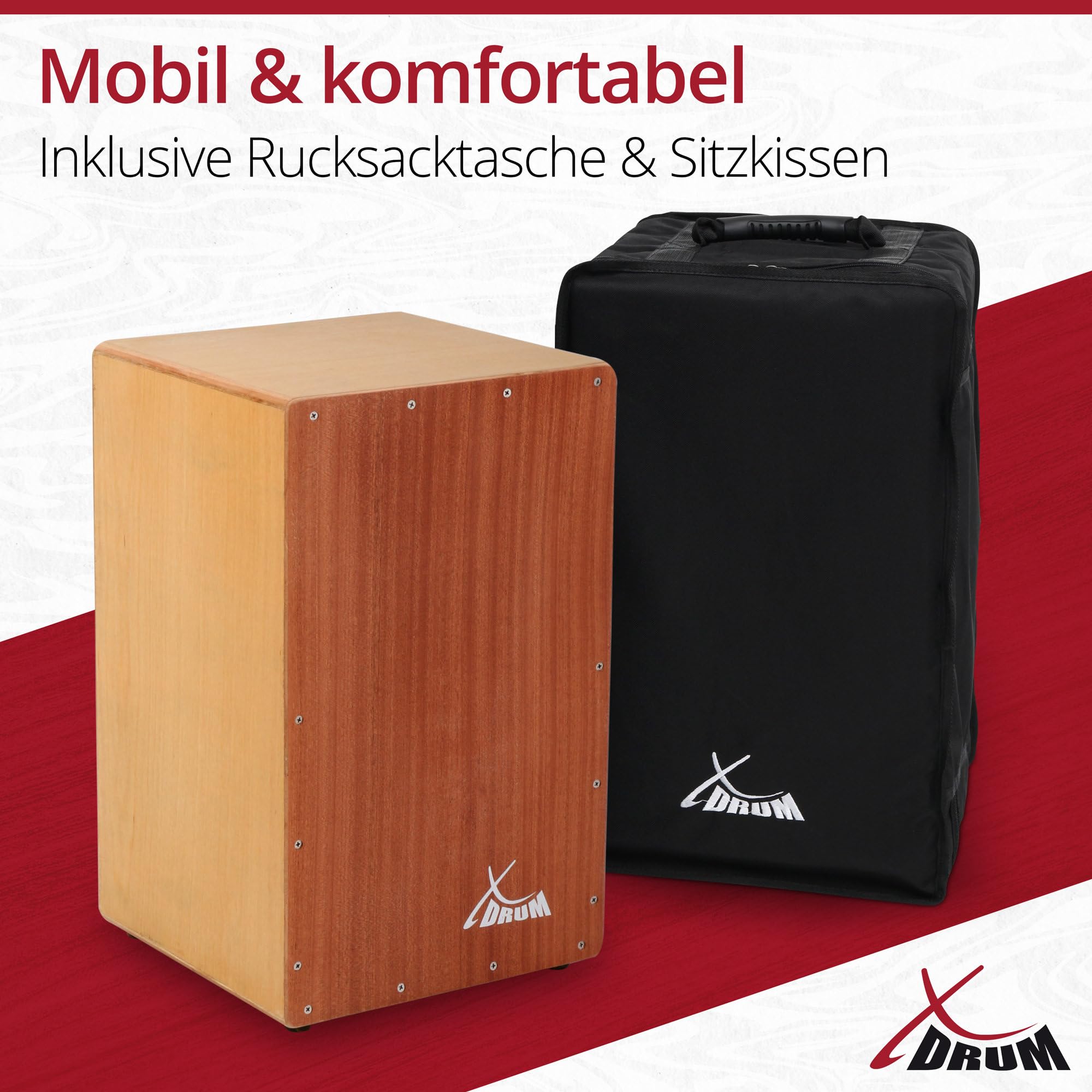 XDrum Cajon Primero Sapeli - Kistentrommel inkl. Rucksacktasche und Schule - Trommelkiste mit Snare Sound - Holz Drum Kiste mit Gigbag