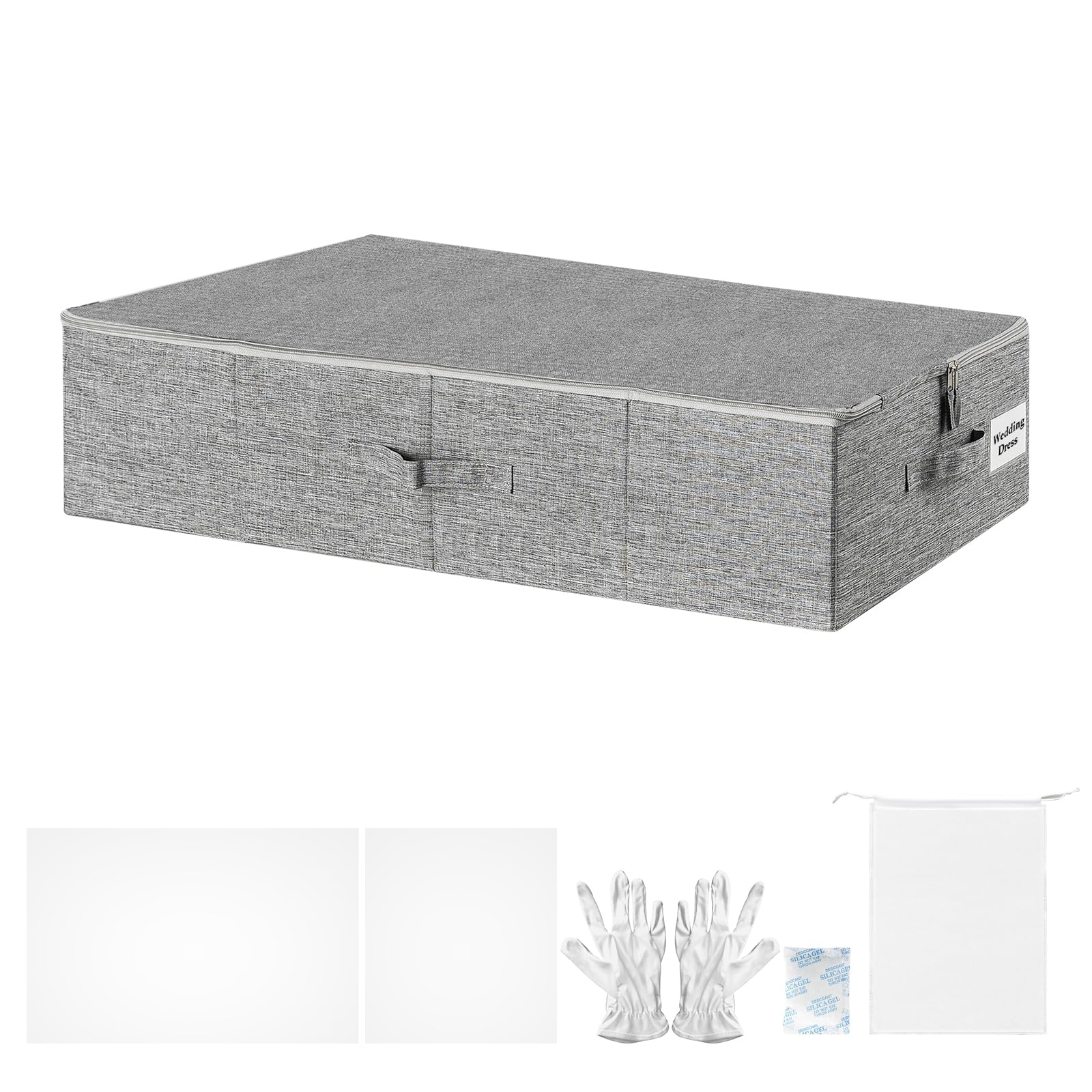 Großes Hochzeitskleid-Konservierungsbox-Set, Hochzeitskleid-Aufbewahrungsbox mit 30 Blatt säurefreiem Seidenpapier, Mikrofaser-Handschuhen, staubdichter Tasche und Trockenmitteln, Grau, 76,2