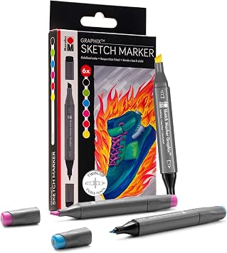 Marabu Alcohol Based Sketch Markers - 6 Colors Alcohol Markers for Artists - Fine and Chisel Dual Tip - Drawing Markers for Adult Coloring, Painting, Illustrating, Sketching, and Drawing