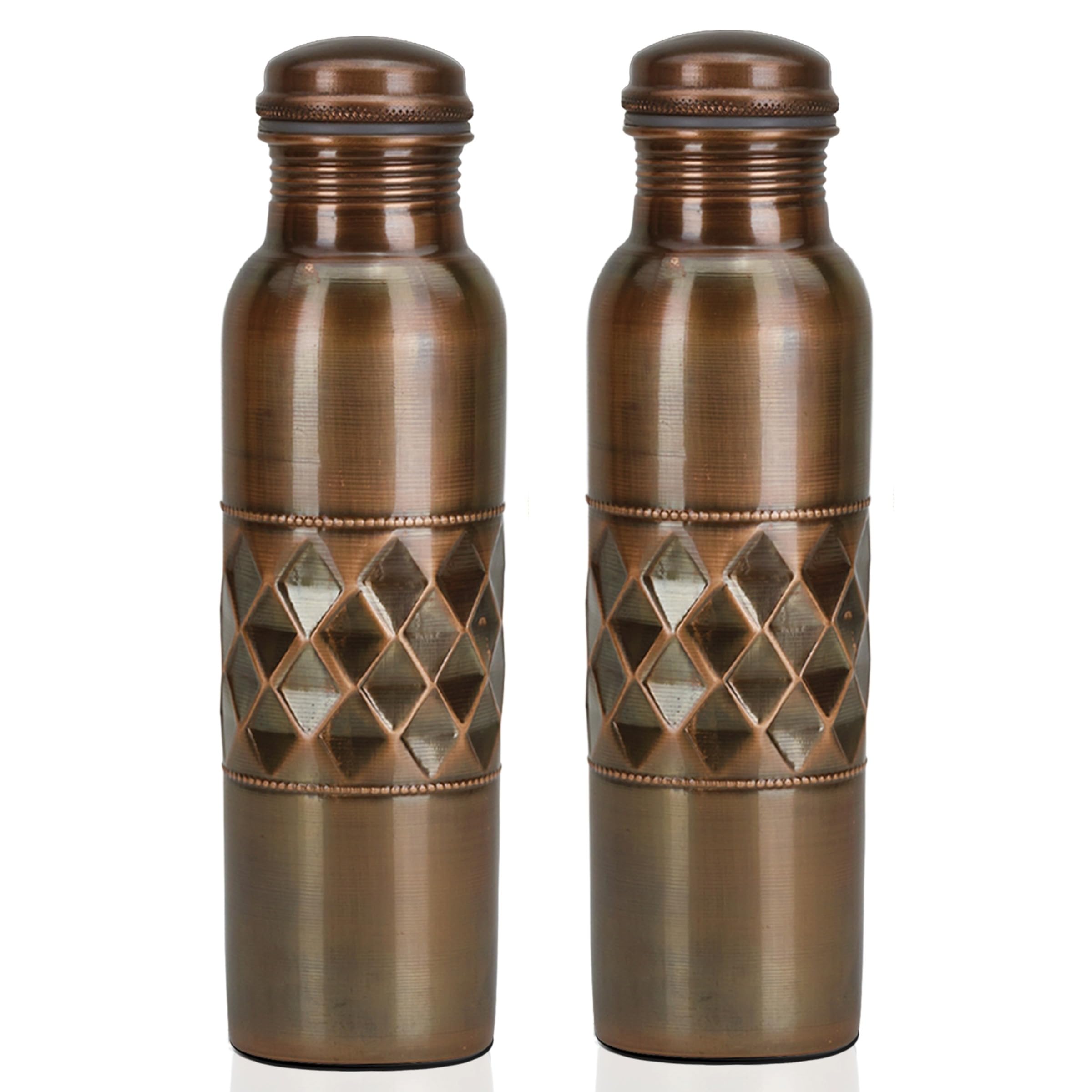 Borraccia in puro rame, 1000 ml, con finitura a diamante anticata incisa a mano, a prova di perdite, recipienti ayurvedici in rame senza cuciture, per yoga, palestra e ufficio