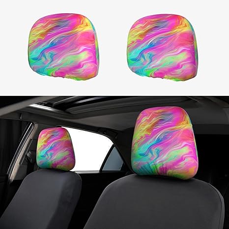 2 Pack Psychedelic Colorful Car Seat Headrest Cover Elastic, Cute Vintage Car Headrest Protector Seat Cover,Auto Front & Rear Seat Headrest Pads,Universal Fit,10x11 inch