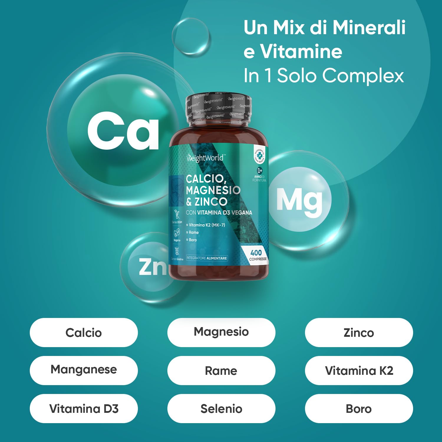 Magnesio Zinco Calcio Vegano con Vitamina D3 K2 Tipo MK-7, 400 Compresse, 1 al Giorno (Fornitura per 13+ Mesi), Calcio Magnesio Zinco Integratore, Complex con Rame e Selenio, Privo di Glutine e OGM