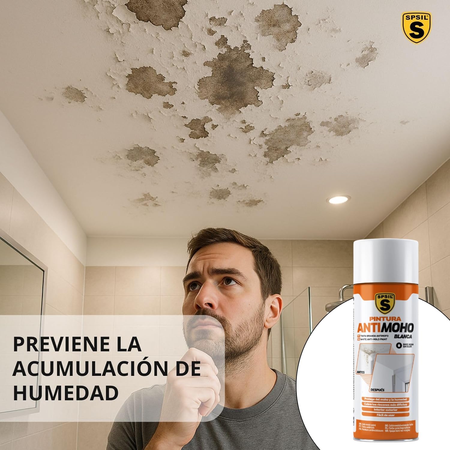 SPSIL Spray Antimoho Pintura Antihumedad Interior y Antimoho en Spray 400ml X 2- Acrílica Blanca de Alta Opacidad, Base Agua Sin Olor - Para Paredes, Techos y Más