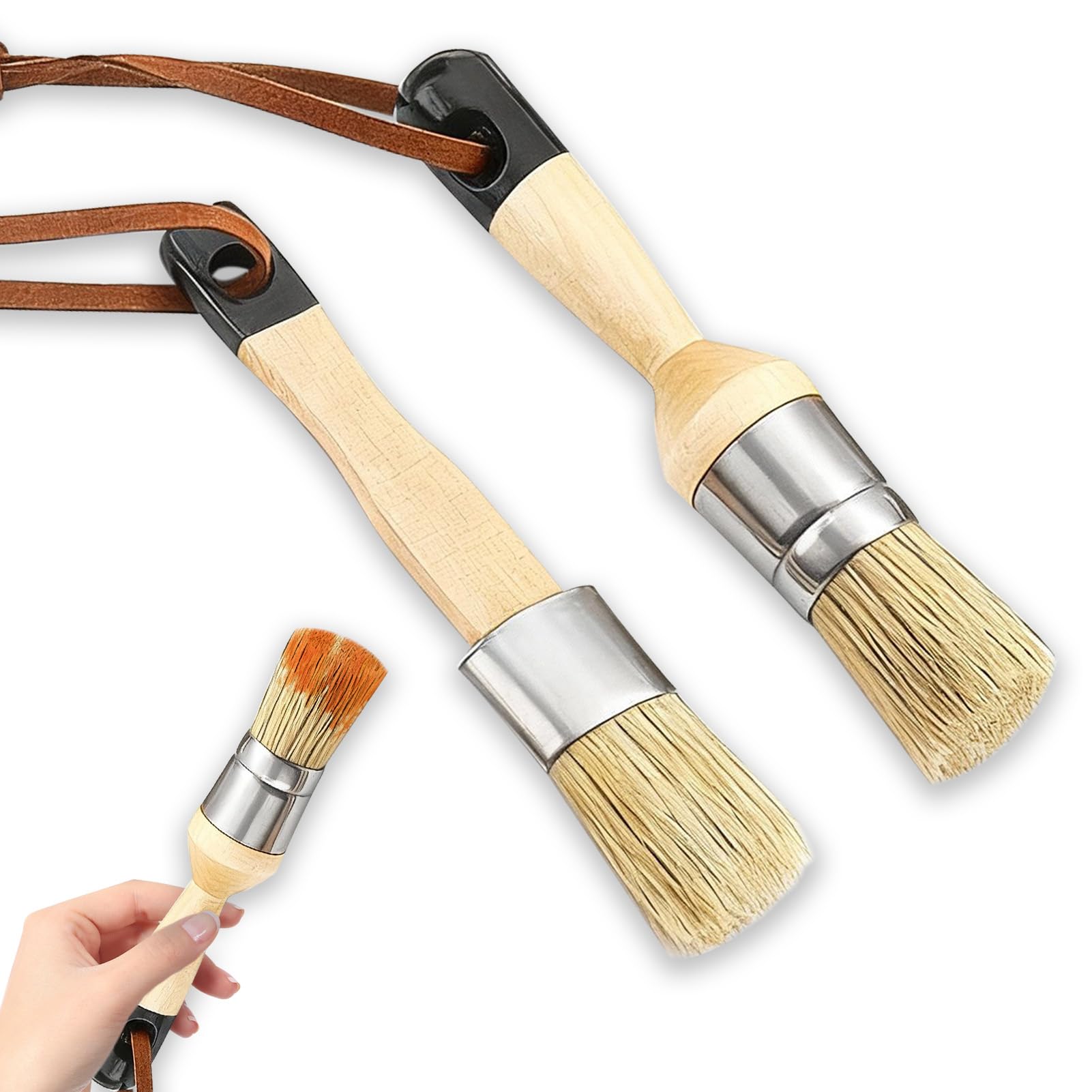 2 Pack Chalk Paint Brushes, Natural Bristle Round & Oval Furniture Paint Brushes with Wooden Handles for Chalk Paint, Milk Paint, Waxing and Furniture Refinishing