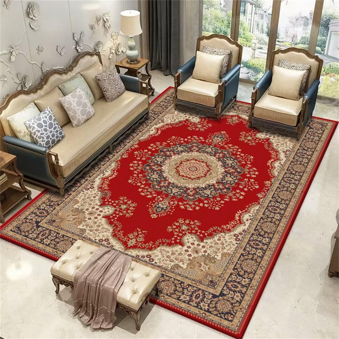 Tapis adolescent 160x200cm rouge floral vintage grand format pour salon et chambre