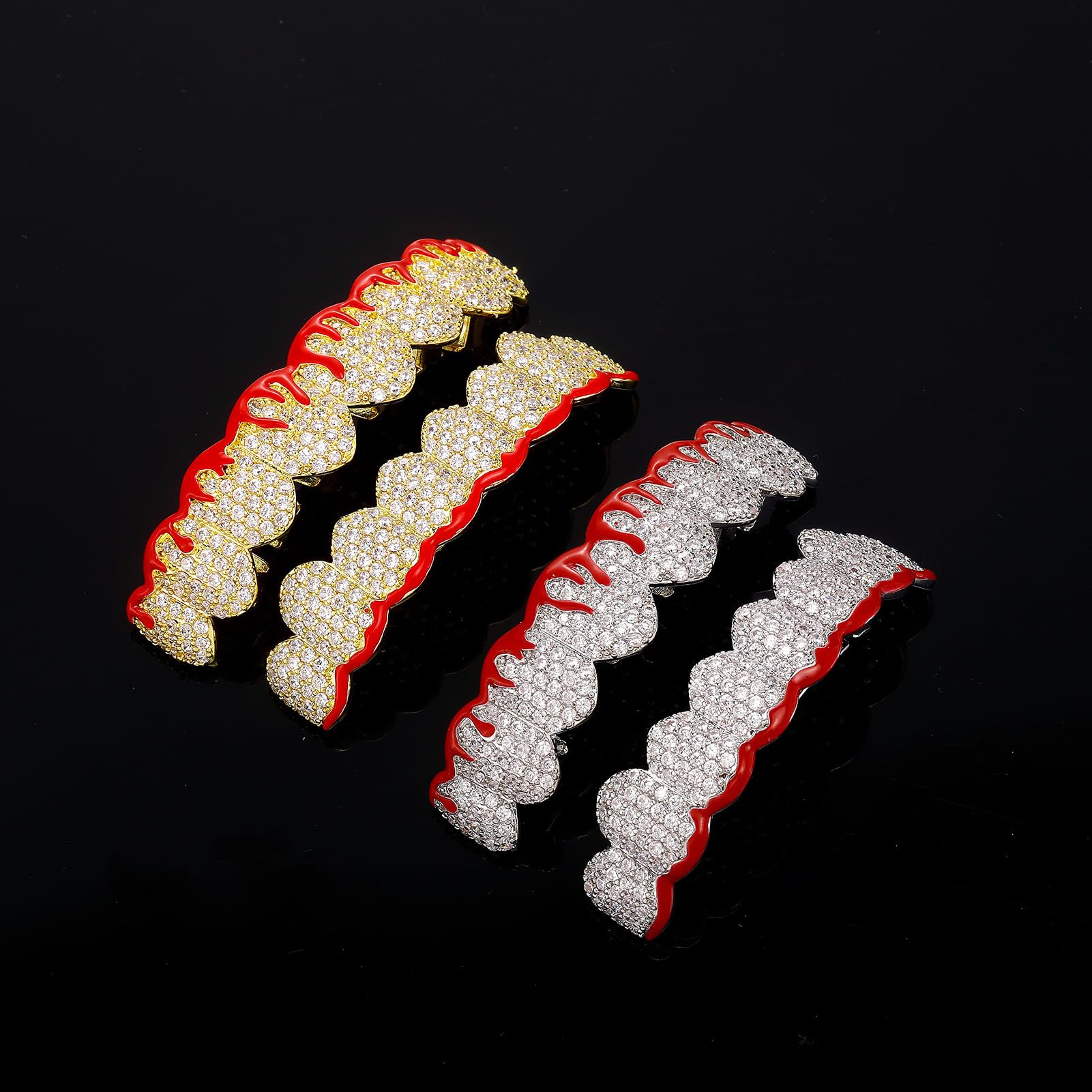 Generic Cosplay szelki Halloween śmieszne złote zęby 14k czerwony płomień cyrkon zęby Grillz - pozłacane mrożone CZ usta Grillz czapki, górny i dolny zestaw grilla, Rock Punk męska biżuteria, złota