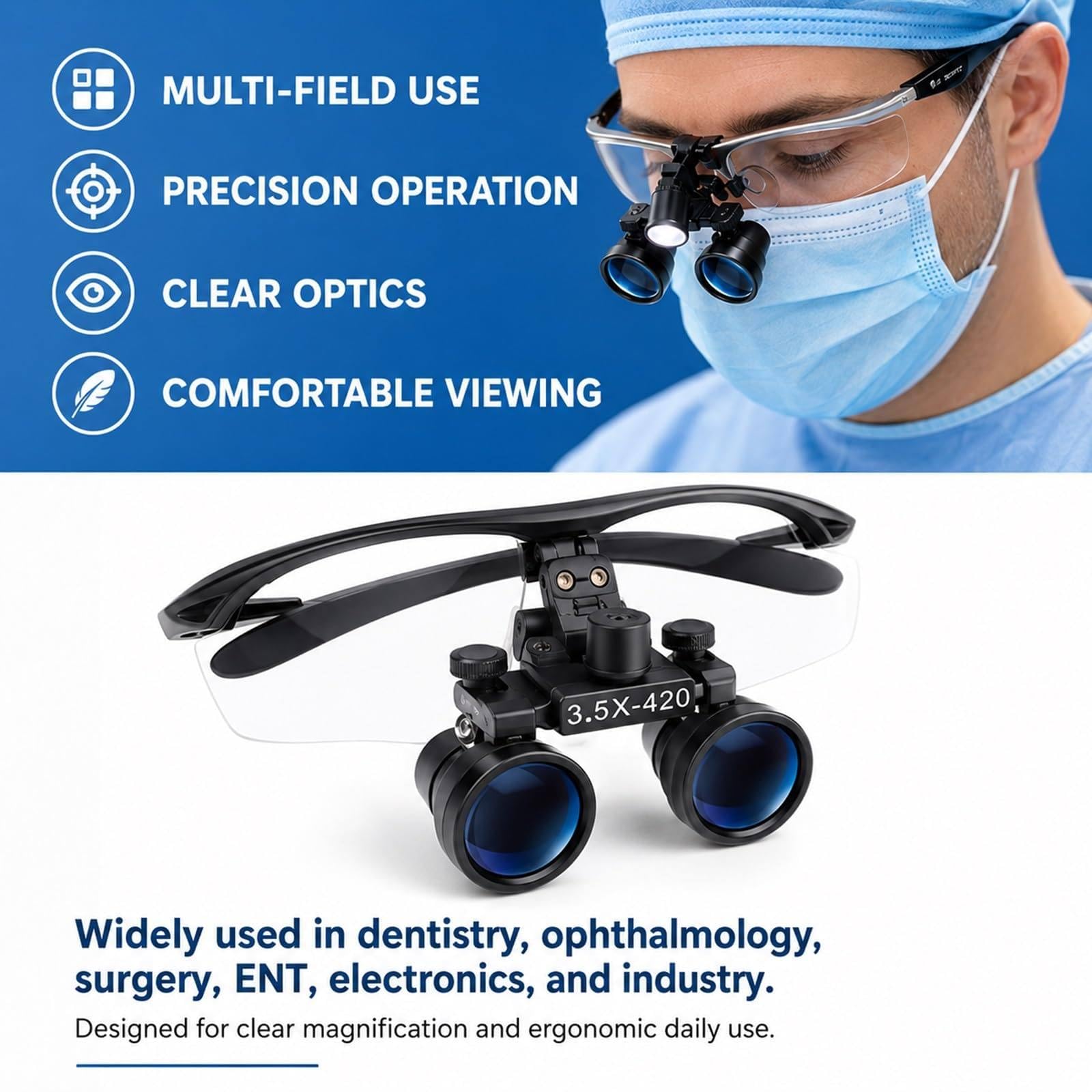 Lupa Binocular Dental con Linterna Frontal Led De 5W, Aumento De 2,5X/3,5X Y Distancia De Trabajo Ajustable De 320-420mm, para Higienistas Dentales Y Laboratorios Silver-2.5X