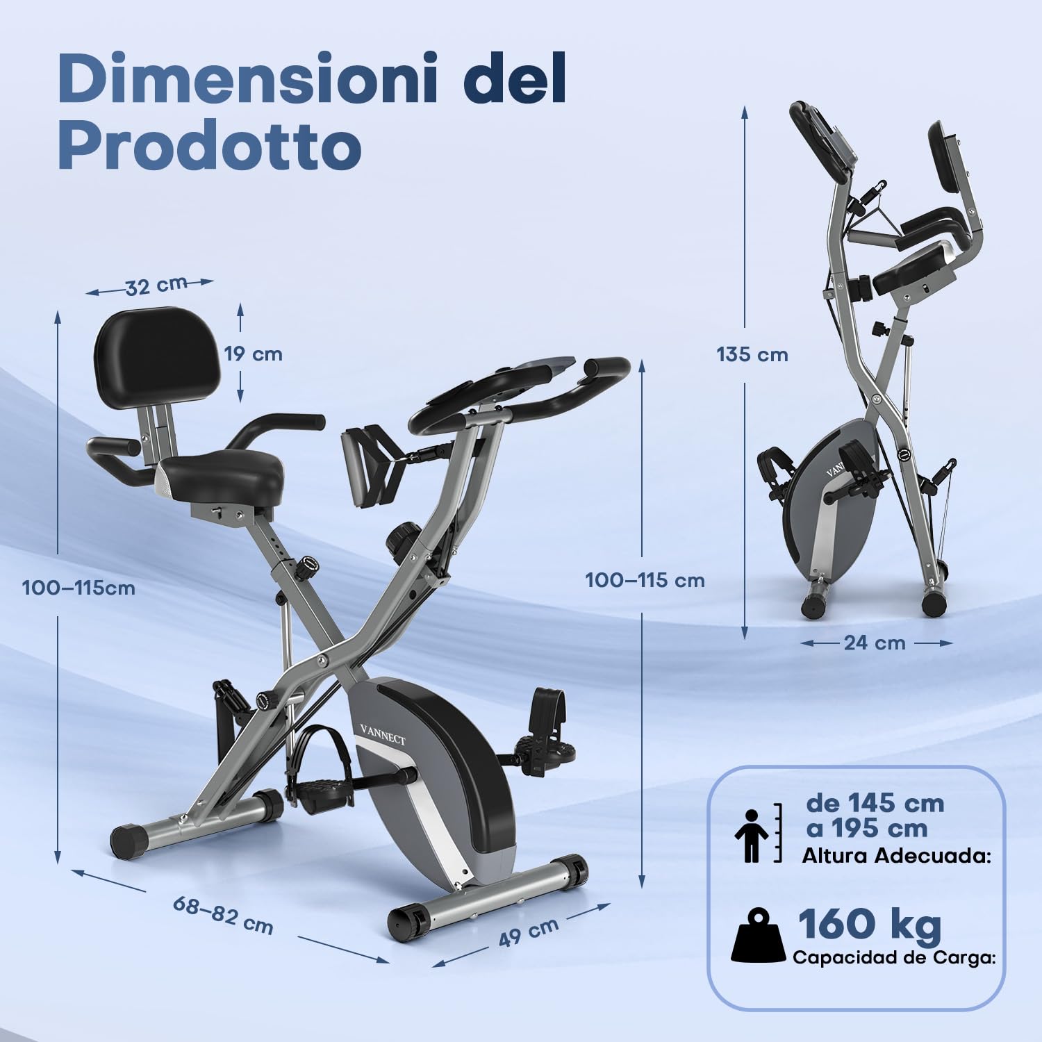 VANNECT Bicicleta Estatica Plegable 5 en 1 con Respaldo y 16 Niveles de Resistencia, Bicicleta Estatica para casa con Banda de Resistencia, Monitor LCD y Medición de Pulso Manual, Capacidad 160 Kg
