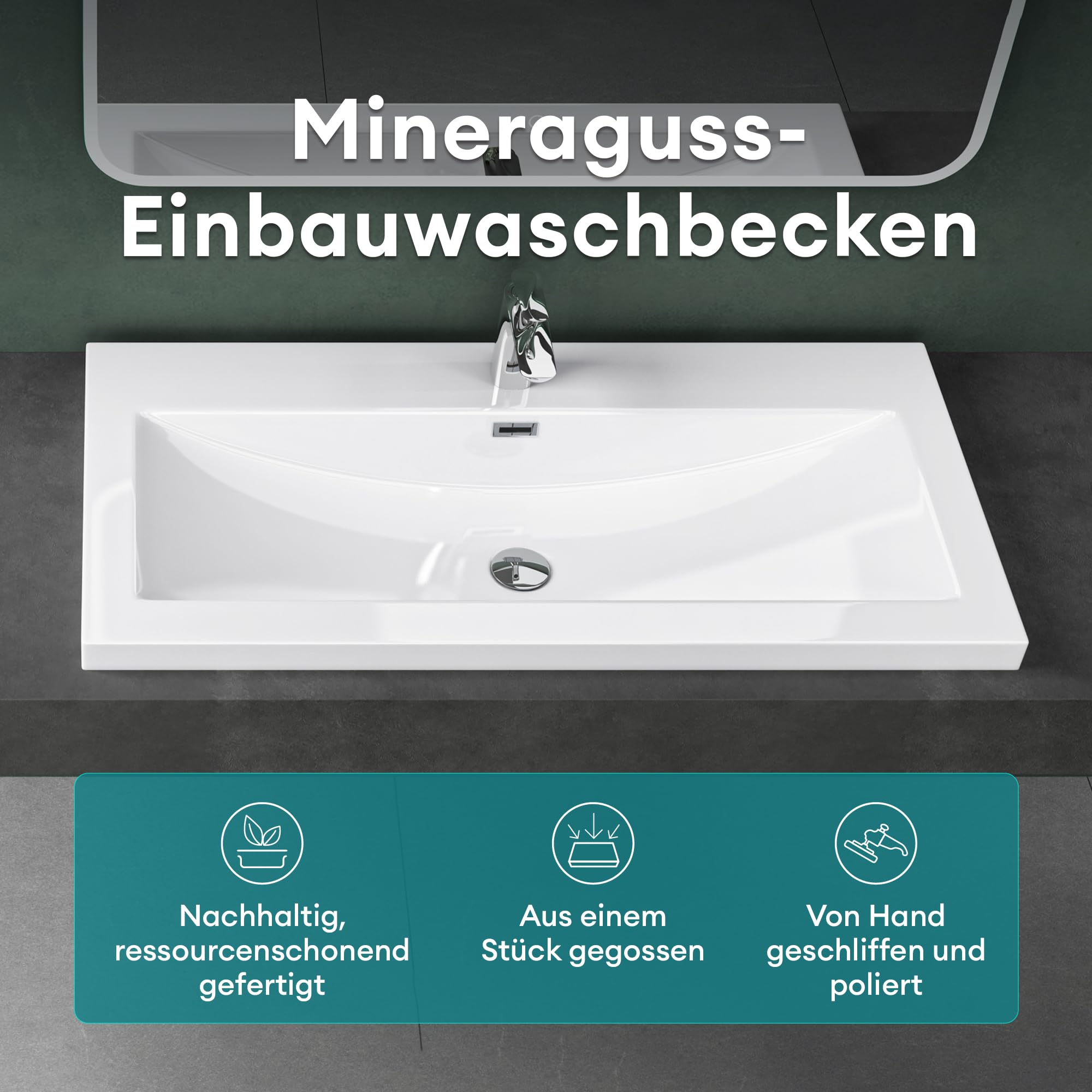 Mai & Mai Lavabo sobre Encimera Lavabo Baño | Rectangular | Blanco Brillante | Mármol Fundido | 60x48x15cm | con Orificio para Grifo | con Rebosadero | Colossum01 | Lavabo, Resina, Grifo, Superficie lisa, fácil de limpiar, para cuarto de baño moderno, Col