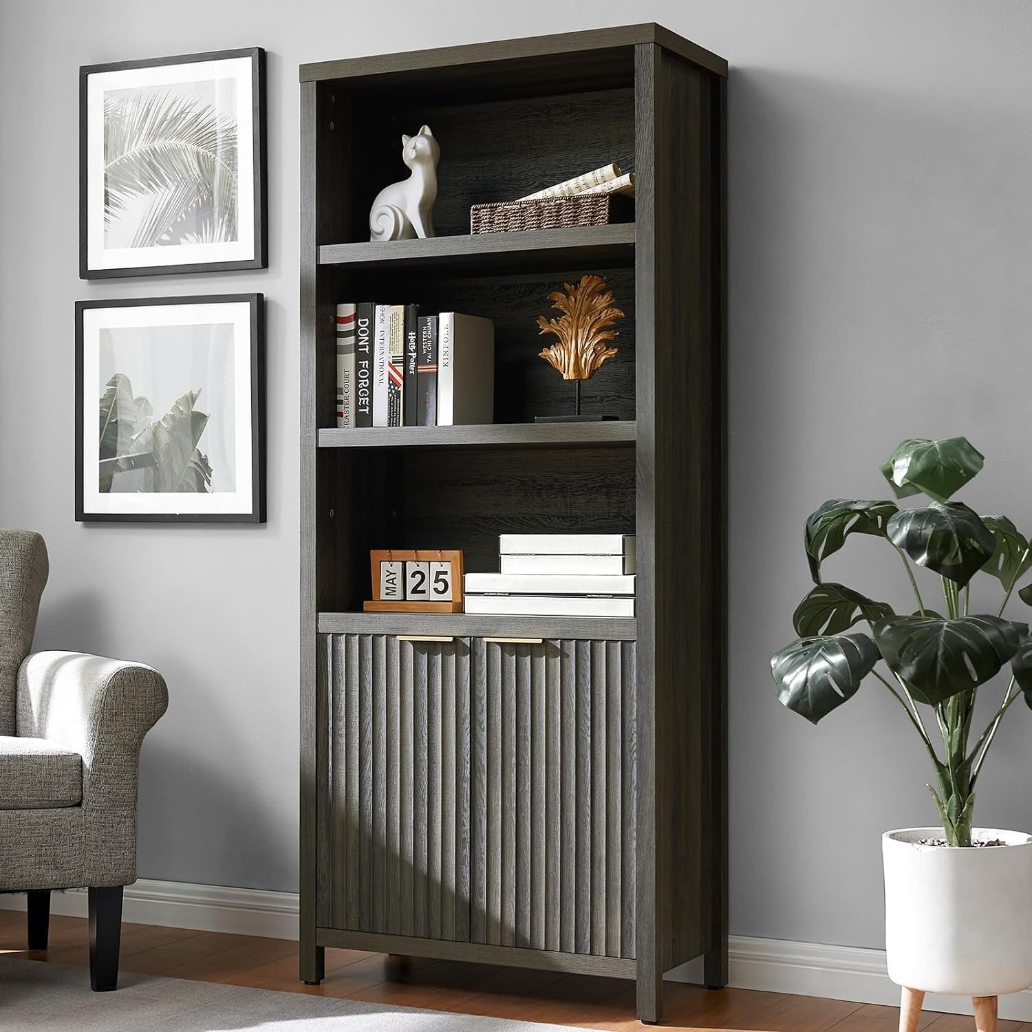 OAKHAM HOMEBookcase, Tall Bookshelf with Doors Cabinet 15.4in Depth, 5 Tier Book Shelf, Wood Oak 1.4" MDF Bookcases with Storage Floor Standing, Farmhouse Bookshelves (Midnight Oak)