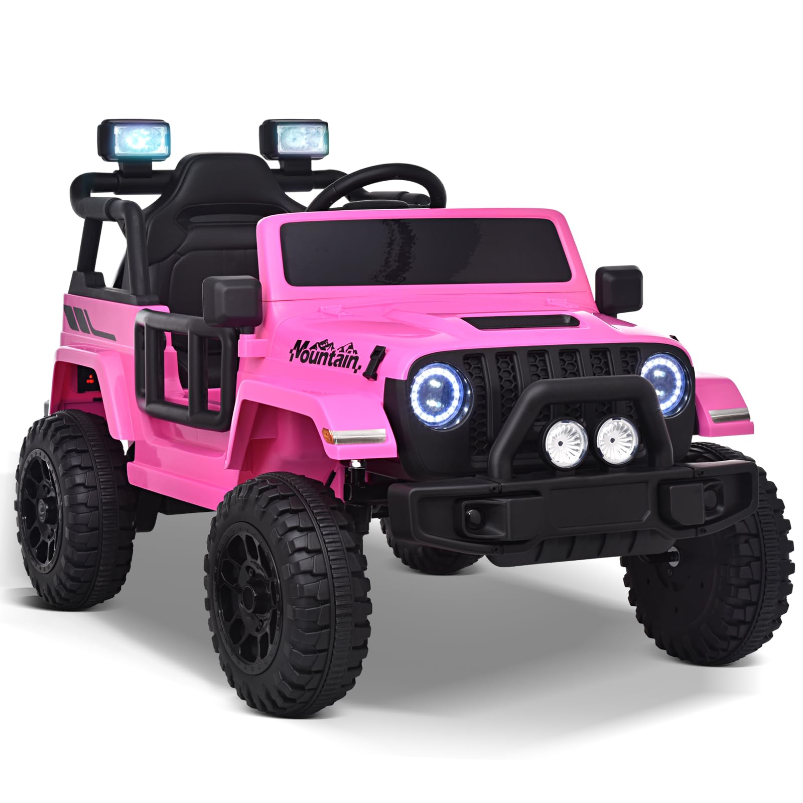 Kids Ride on Truck Battery Powered Motorized Car Electric Vehicle for Kids, with Remote Control, 4-Wheel Suspension, LED Lights, Music & FM, Seat Belt, Portable Handle, Pink