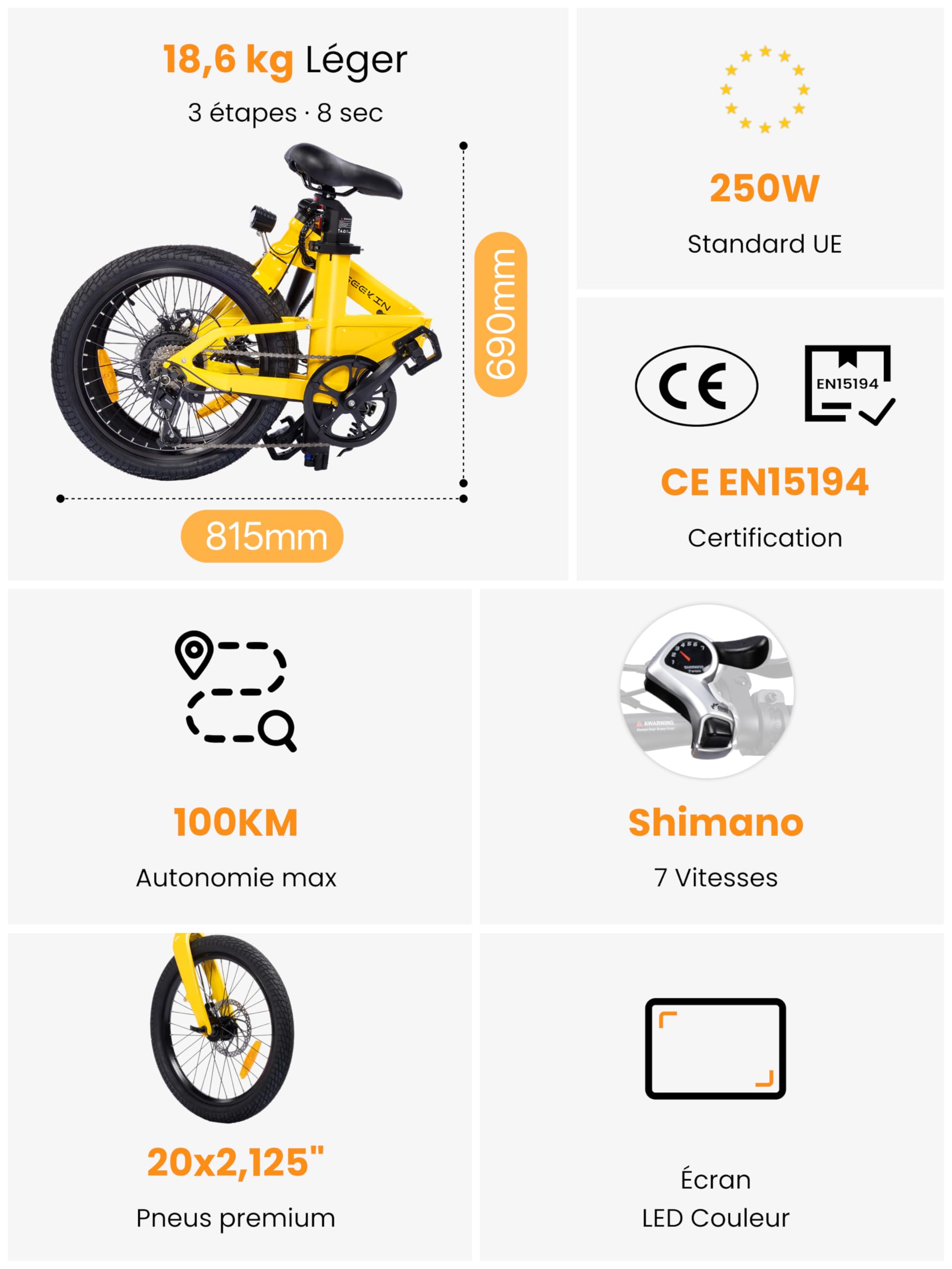 C10 Vélo électrique pliant 20", seulement 18,6 kg, moteur 250 W, batterie 345,6 Wh, avec Shimano 7 vitesses, portée jusqu'à 100 km, 25 km/h, Pedelec avec écran LCD, idéal pour les trajets en