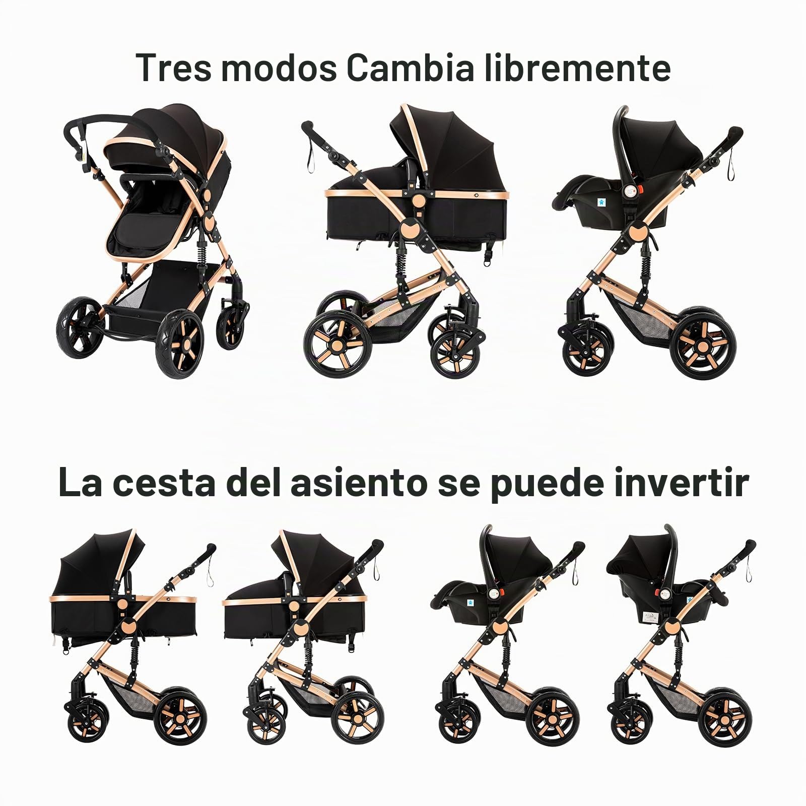 Carrito Bebe 3 en 1, Carrito Bebe con Diseño Portátil Plegable de Un Clic, Carro de Bebe 3 Piezas con Empuje Reversible de Dos Vías, Cochecito Bebe 3 Piezas con Accesorios (588 Black Gold)