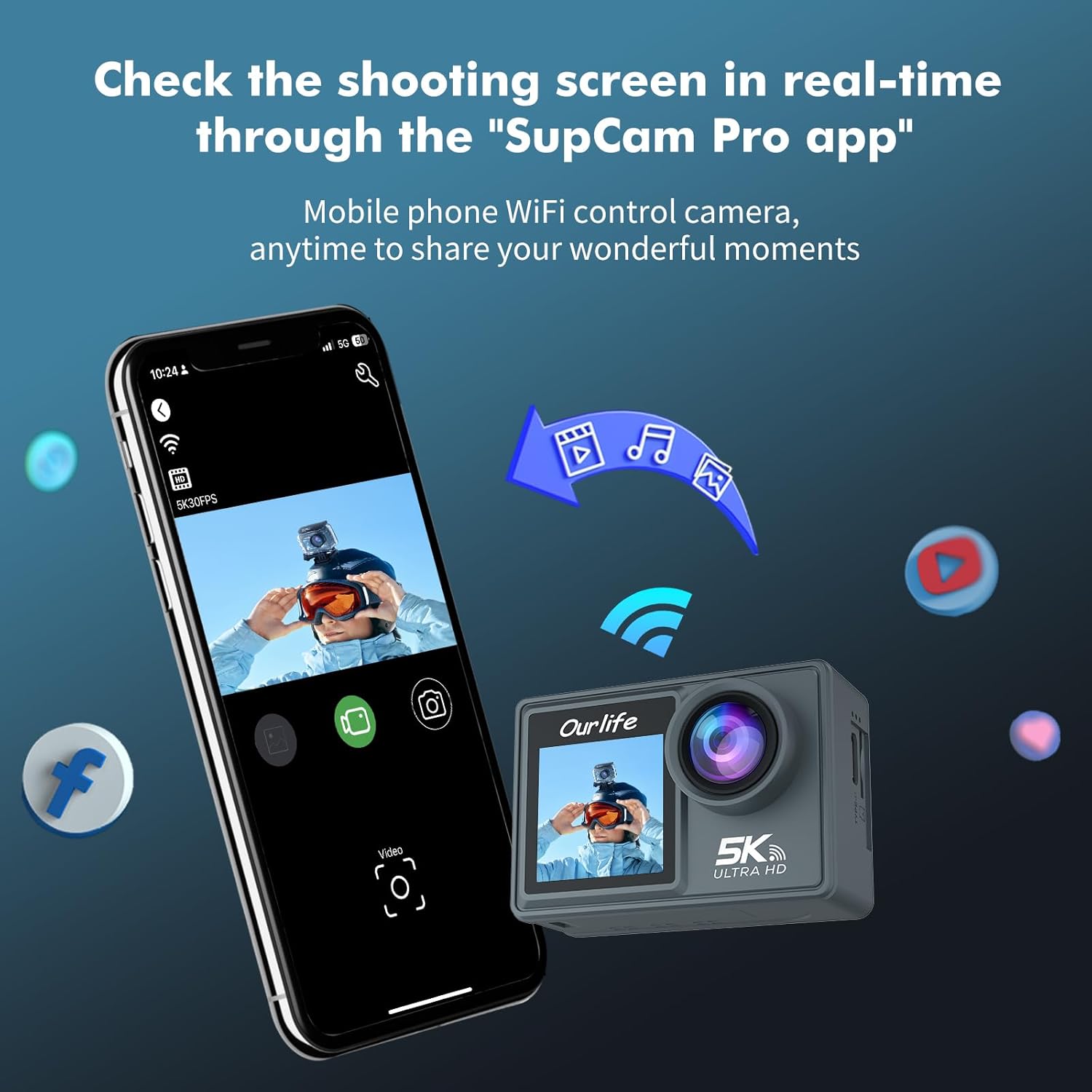 Ourlife Action Camera mounted on a bicycle handlebar, demonstrating EIS.