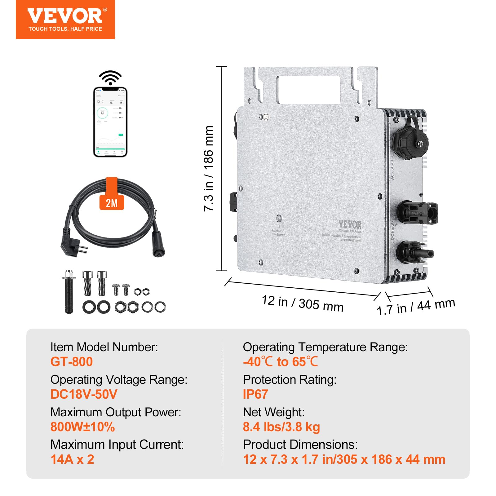VEVOR Micro inverter per collegamento alla rete solare, 800 W, IP67 in lega di alluminio DC18-50V Tensione di esercizio con cavo di alimentazione antenna WiFi APP, per sistemi di pannelli solari