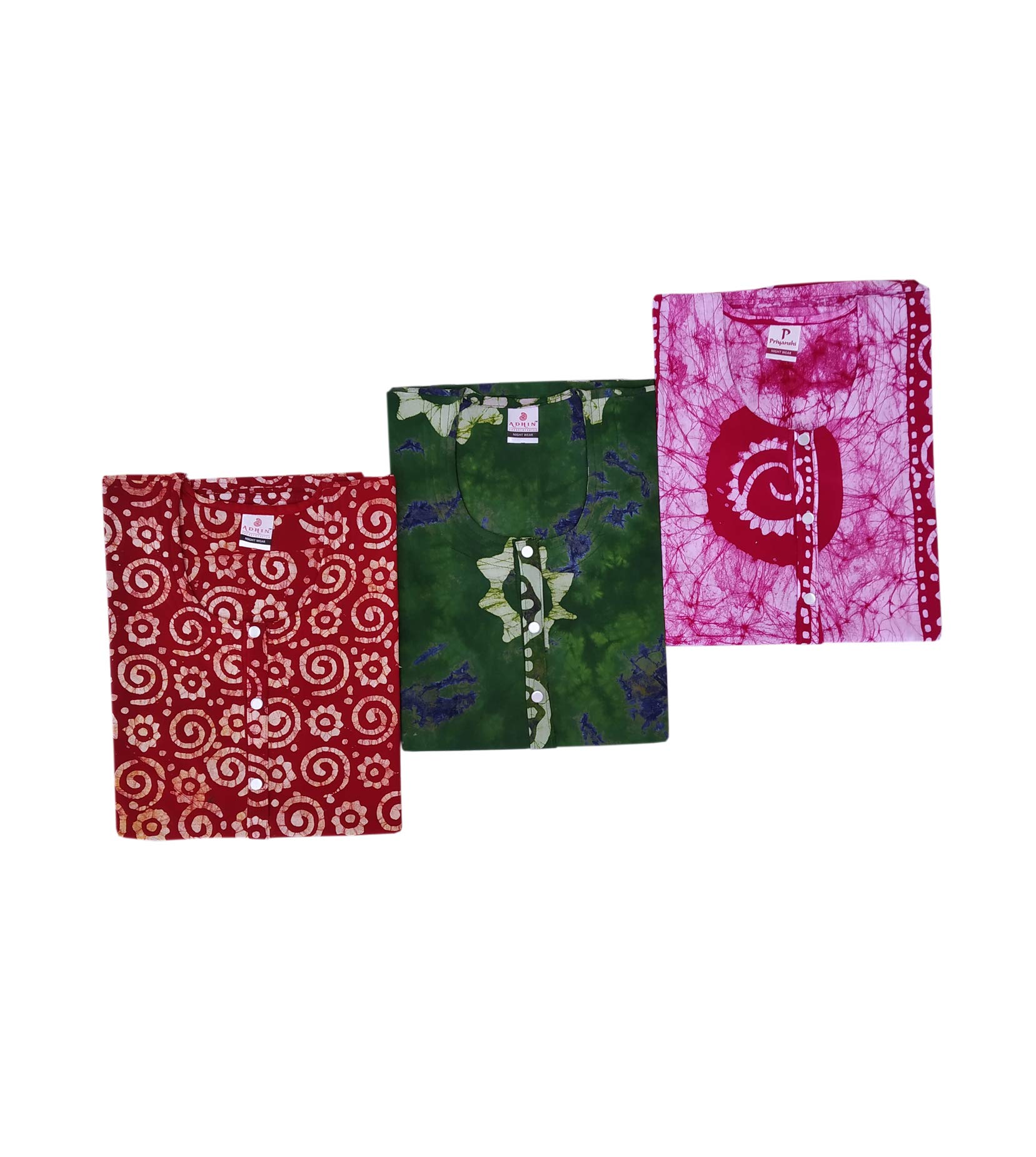adhin Women’s Cotton Hand Made Wax Batik Nighty Maxi Pack of 3 Multi Colored MX200-picture-14