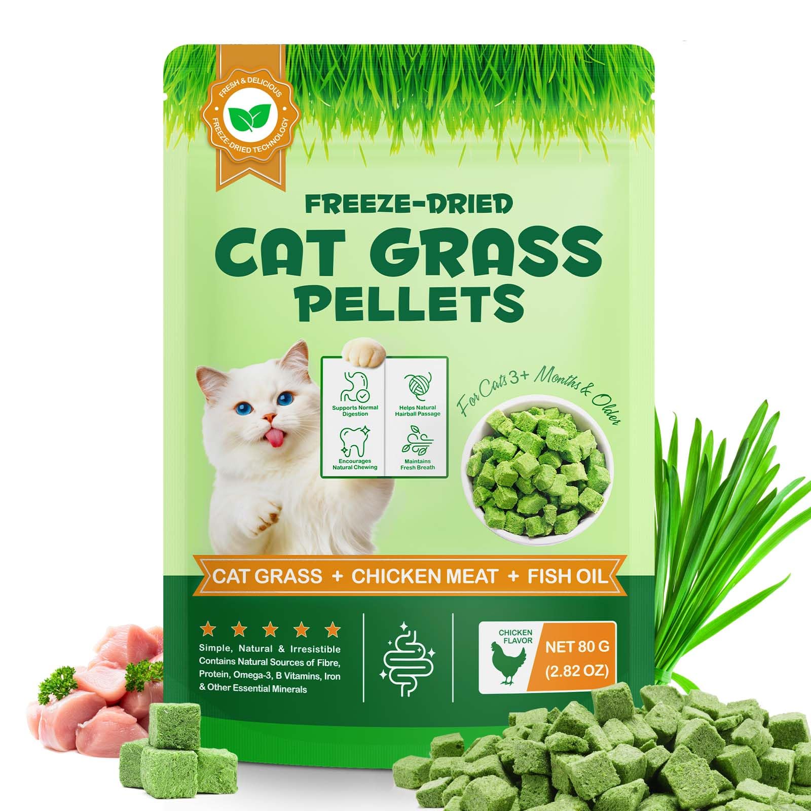 Cat Grass Treats, Freezed Drying Cat Grass Teething Stick Snacks for Kitty, Organic Grass Treats for Indoor Cats, Hairball Relief & Teeth Cleaning, Natural Snacks with High Fiber Formula 80g