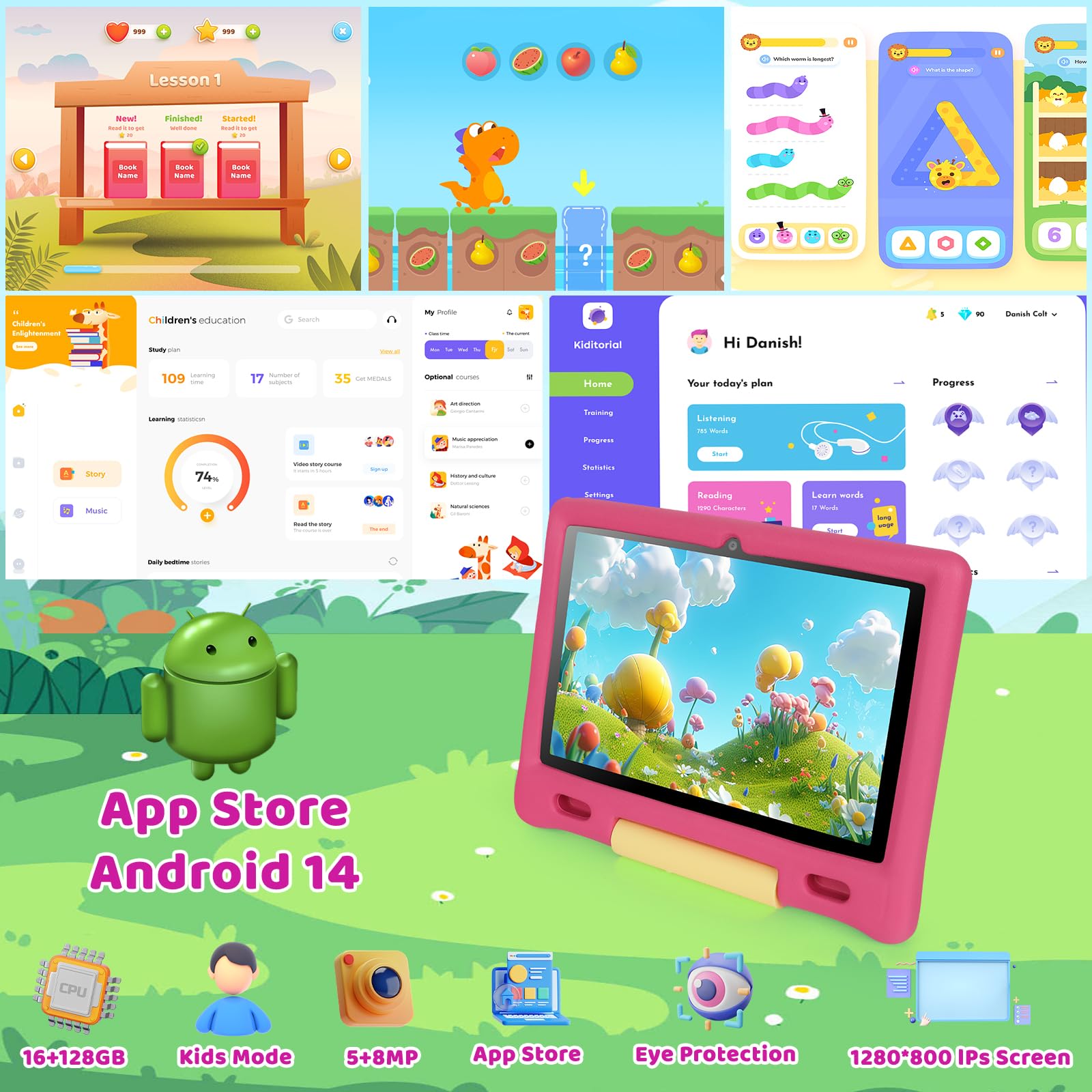MUISOO 10 Inch Kids Tablet, Android 14, Octa Core Processor, 16GB RAM, 128GB ROM, 1TB TF, 5000mAh Battery, WiFi, Bluetooth, Type-C (Pink) — view 2