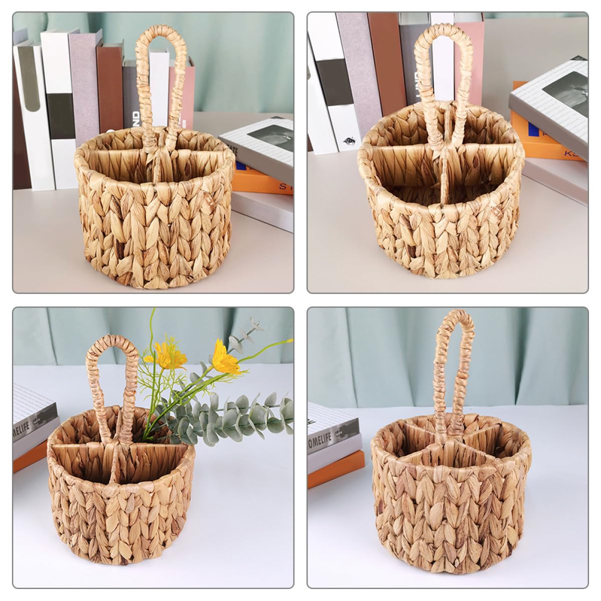 Zerodeko Cesto Intrecciato Floreale Multiuso in Materiale Naturale Porta Posate e Oggetti con Manico Decorazione Elegante per Casa e Cucina