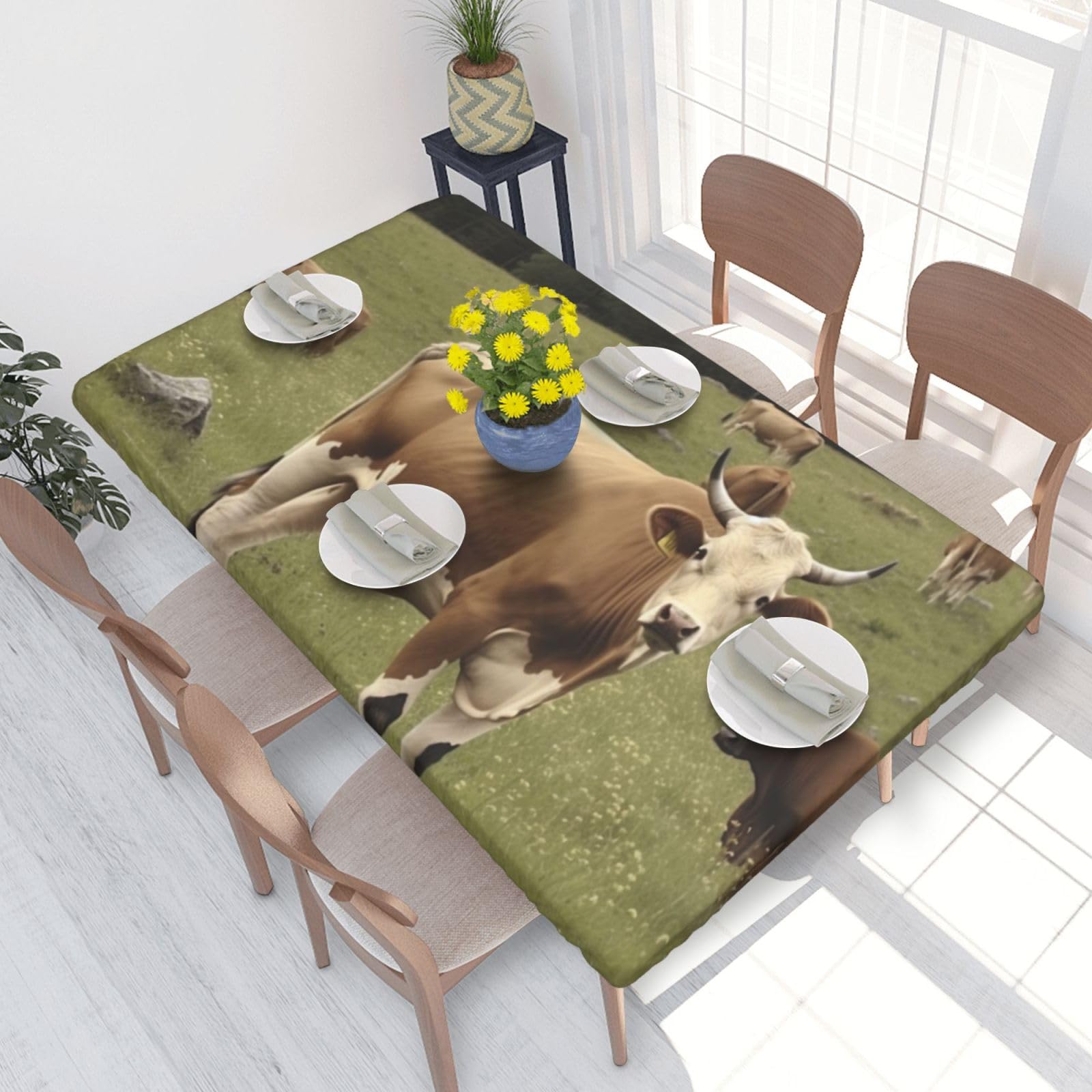 DCARSETCV Farm Brown Cow Printed 4FT Waterproof Tablecloth with Elastic Edged Protect & Decor Your Table, Oil-proof Washable Table Cloth Cover for Dinner Picnic Party