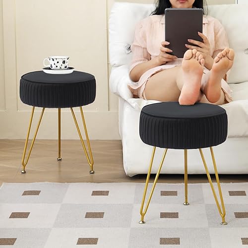 Miniatura 7 de Taburete de tocador, taburete otomano de maquillaje con gran almacenamiento, reposapiés redondo con 4 patas de metal y pies ajustables para sala de