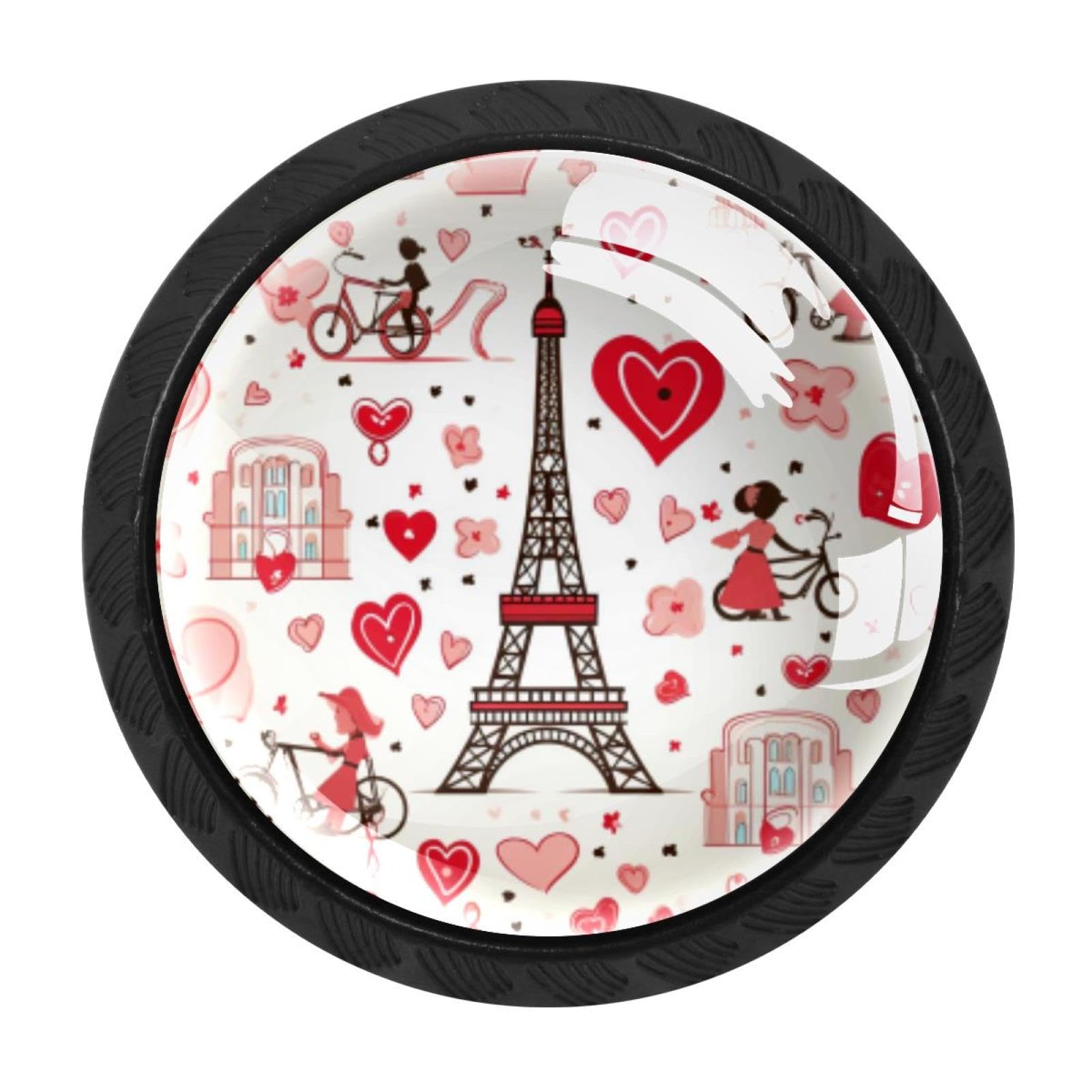 Chenzzzz Multicolored 02 4 Pieces Round Cabinet Knobs Eiffel Tower Valentine's Day Dresser Knobs Pulls Handles With Screws For Drawer Pulls Handles Knobs Door Knobs