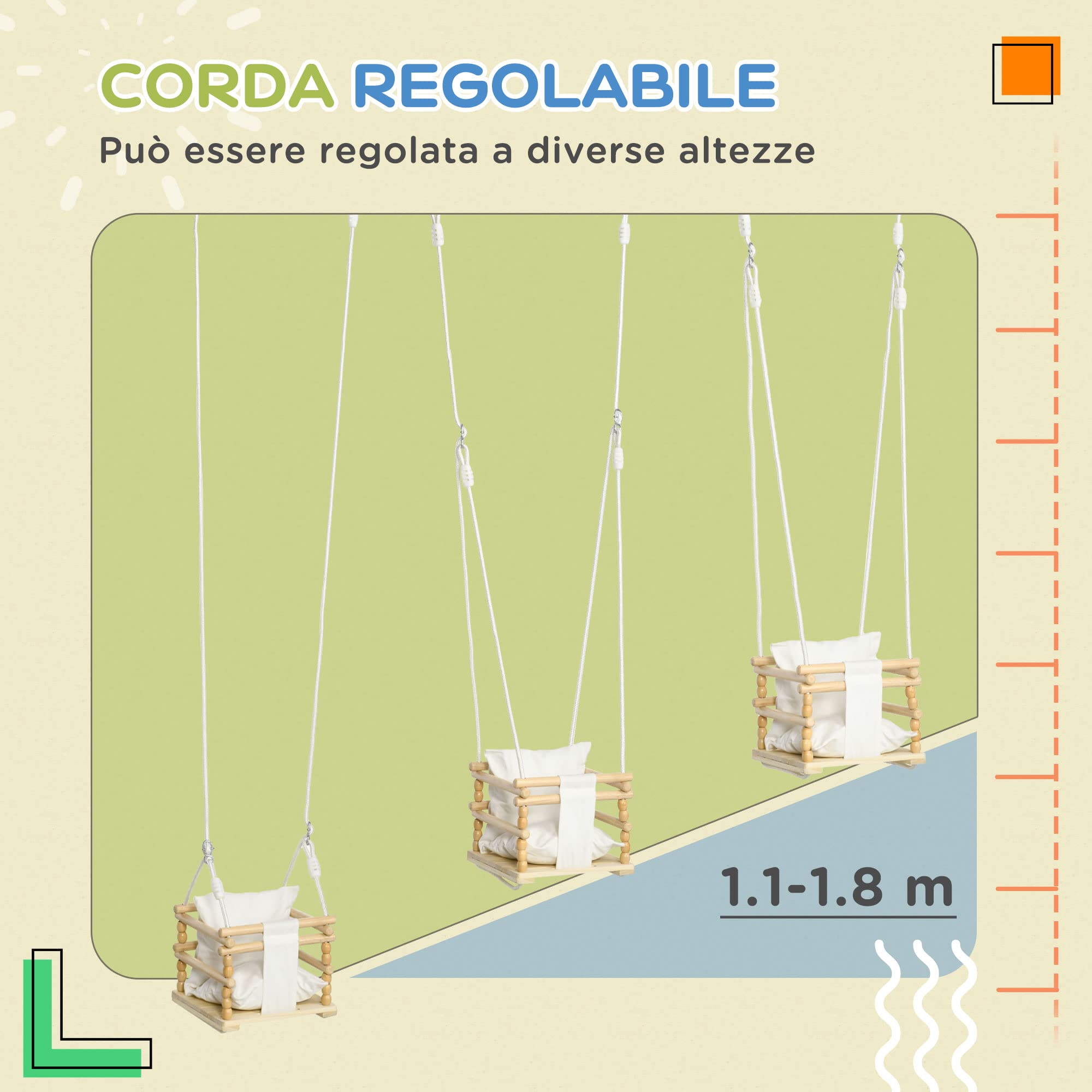 AIYAPLAY Altalena per Bambini 9-36 Mesi in Legno e Cotone per Interni ed Esterni con Corda Regolabile e Cuscino Rimovibile, 30x30x110-180 cm, Color Legno e Bianco