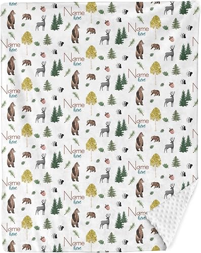 Manta de bebé personalizada con patrón de ciervos y oso, manta personalizada con nombre de doble capa, manta de felpa suave con respaldo de puntos,