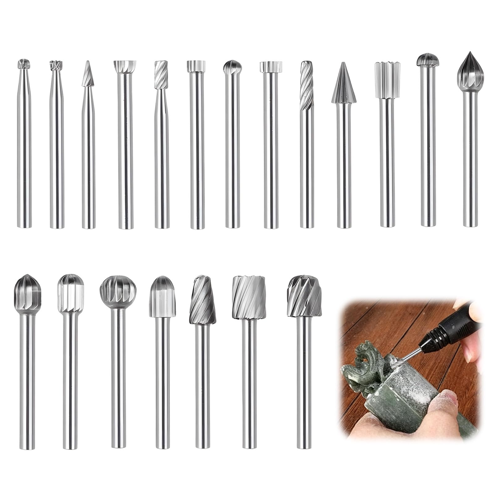 20 Piezas Fresas Rotativas para Madera HSS, Accesorios para Dremel con Vástago de 3mm para Herramienta Rotativa, Set de Brocas para Tallar Madera Grabado Bricolaje Taladrado Ranurado en Madera y Metal