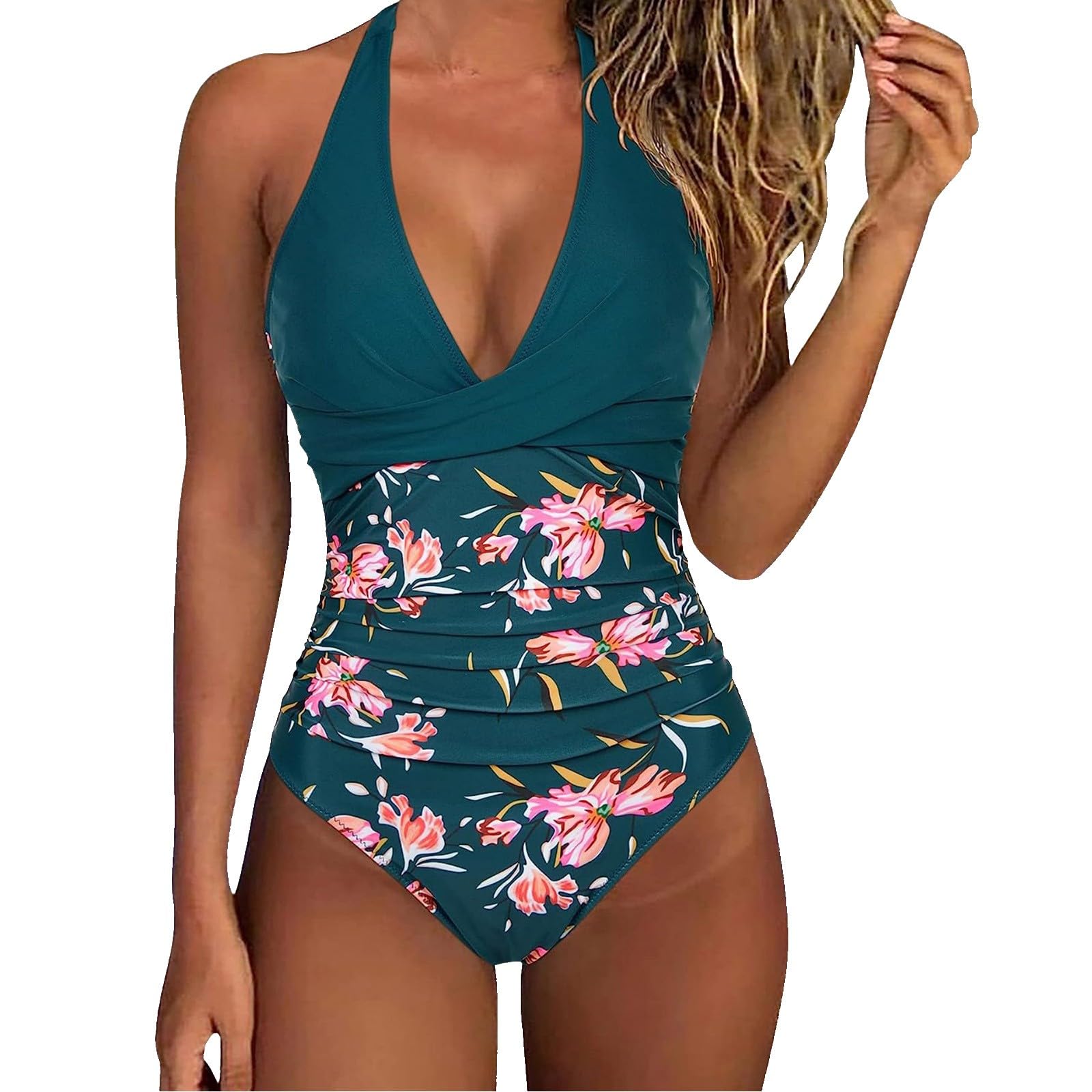 Genérico Bañador Mujer Reductores Barriga Sexy Espalda Expuesta Vientre Plano Ropa de Baño Traje de Baño de Una Pieza Mujer Fruncido Bañador Natacion Halter Cuello en V Push Up Traje de baño Acolchado