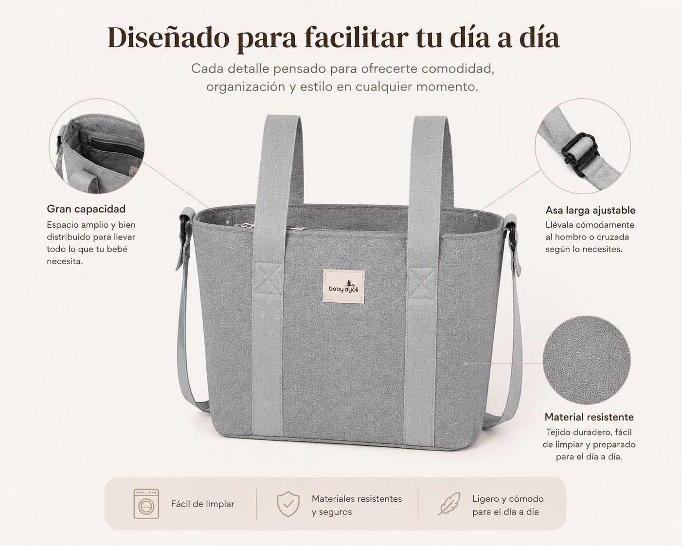 Borsa grande capacità, organizer grigio. Borsa per passeggino. Manici corti per il fissaggio al carrello e lunghi per la spalla.