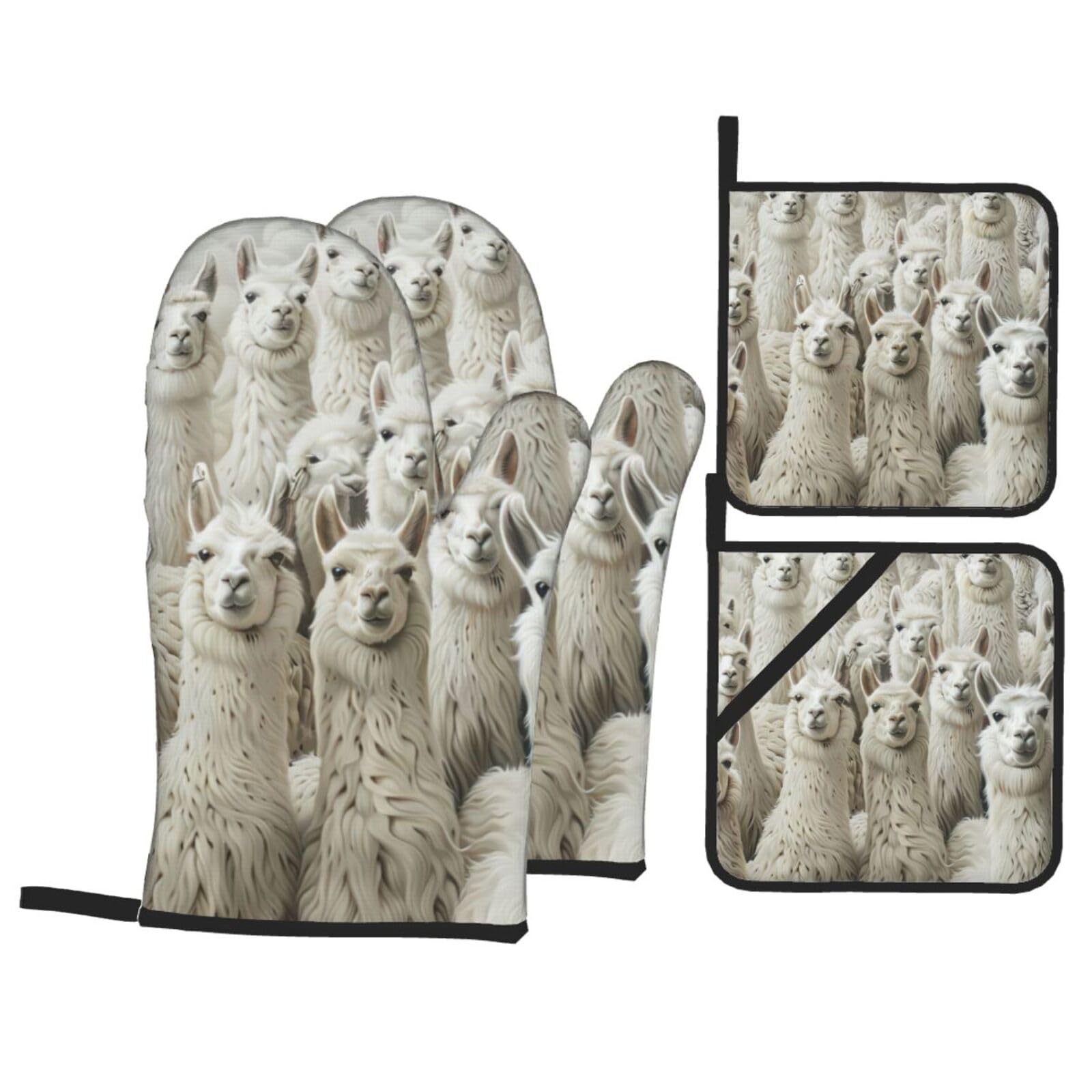 Cute Llama Print 4-Piece Heat-Resistant Oven Waterproof Kitchen Gloves Cooking Roasting Essential