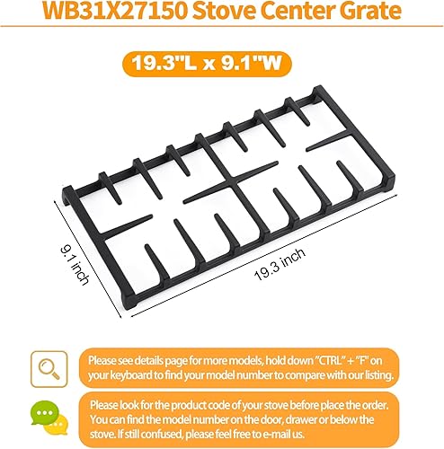Miniatura 2 de WB31X27150 - Rejilla central de repuesto para piezas de estufa GE de 19.3 x 9.1 pulgadas, JXGRATE1 WB31X24737 General Electric Gas Range Grate Cast
