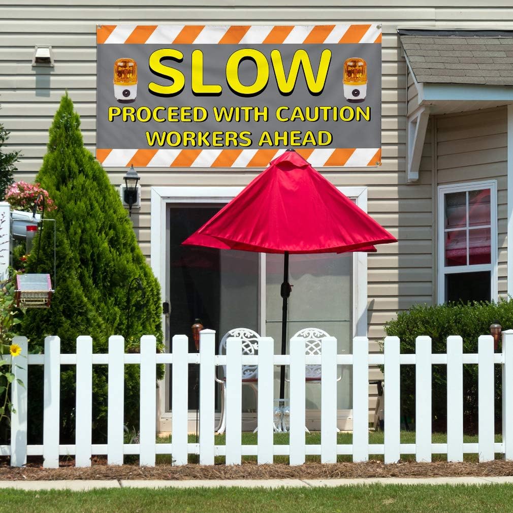 Vinyl Banner Multiple Sizes Slow Proceed with Caution Workers Ahead B Industrial & Craft Outdoor Weatherproof Industrial Yard Signs White Orange 4 Grommets 16x40Inches