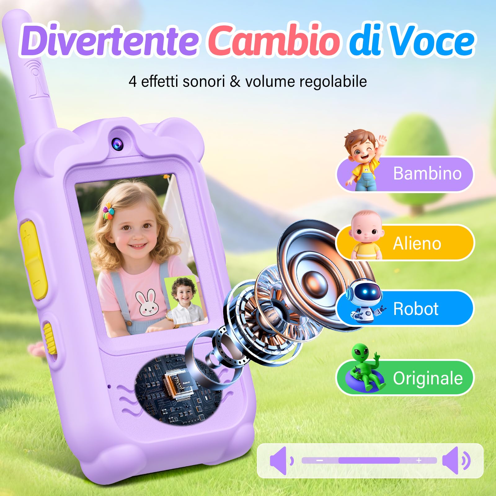 Video Walkie Talkie Bambini, 2 Pezzi Walkie Talkie Ricaricabili, Lungo Raggio & 4 Effetti Vocali Giocattoli, Compleanni Regalo per Bambini & Bambine dai 3 ai 12 Anni