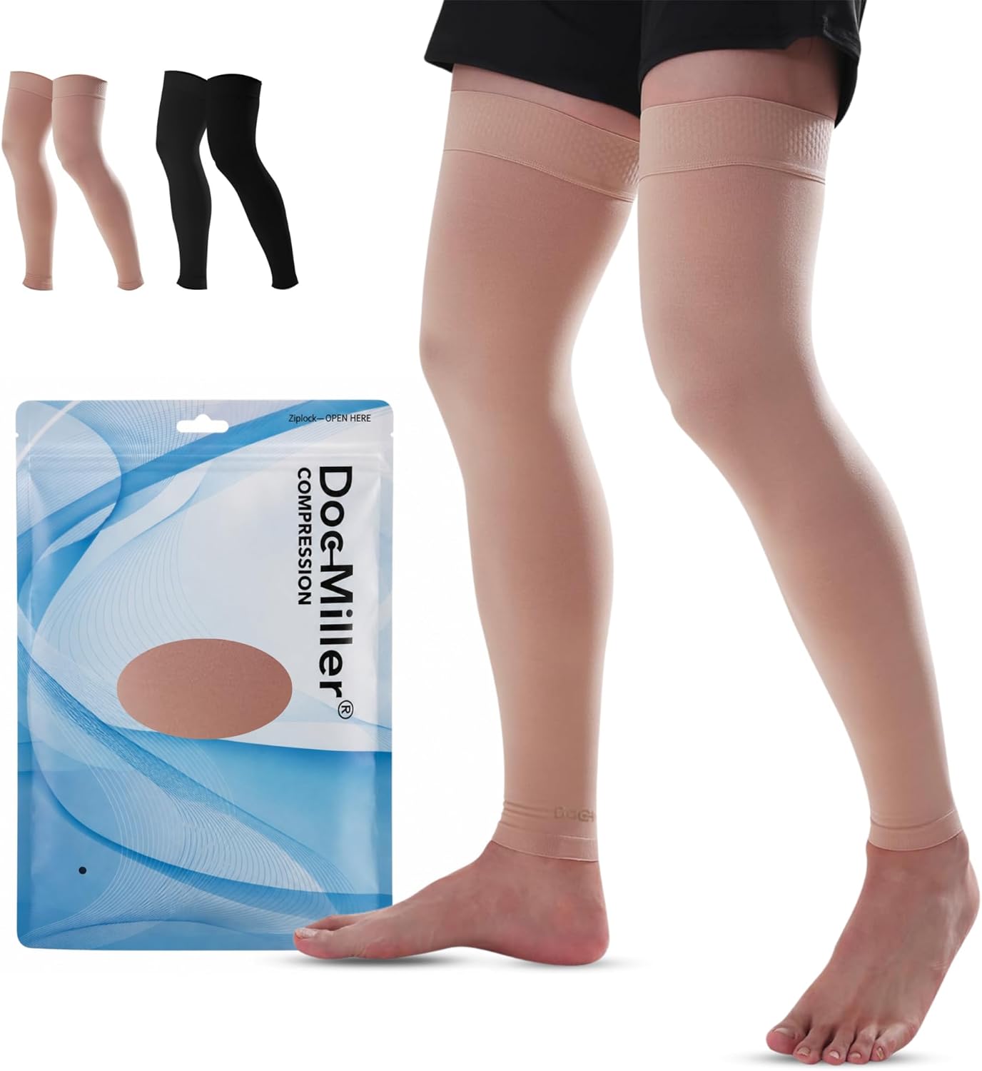 Doc Miller Thigh High Compression Socks for Women & Men, Footless 15-20 mmHg Compression Stockings for Circulation Support, Swelling, Varicose Veins, Travel, Work, Pregnancy & Daily Wear, 1 Pair