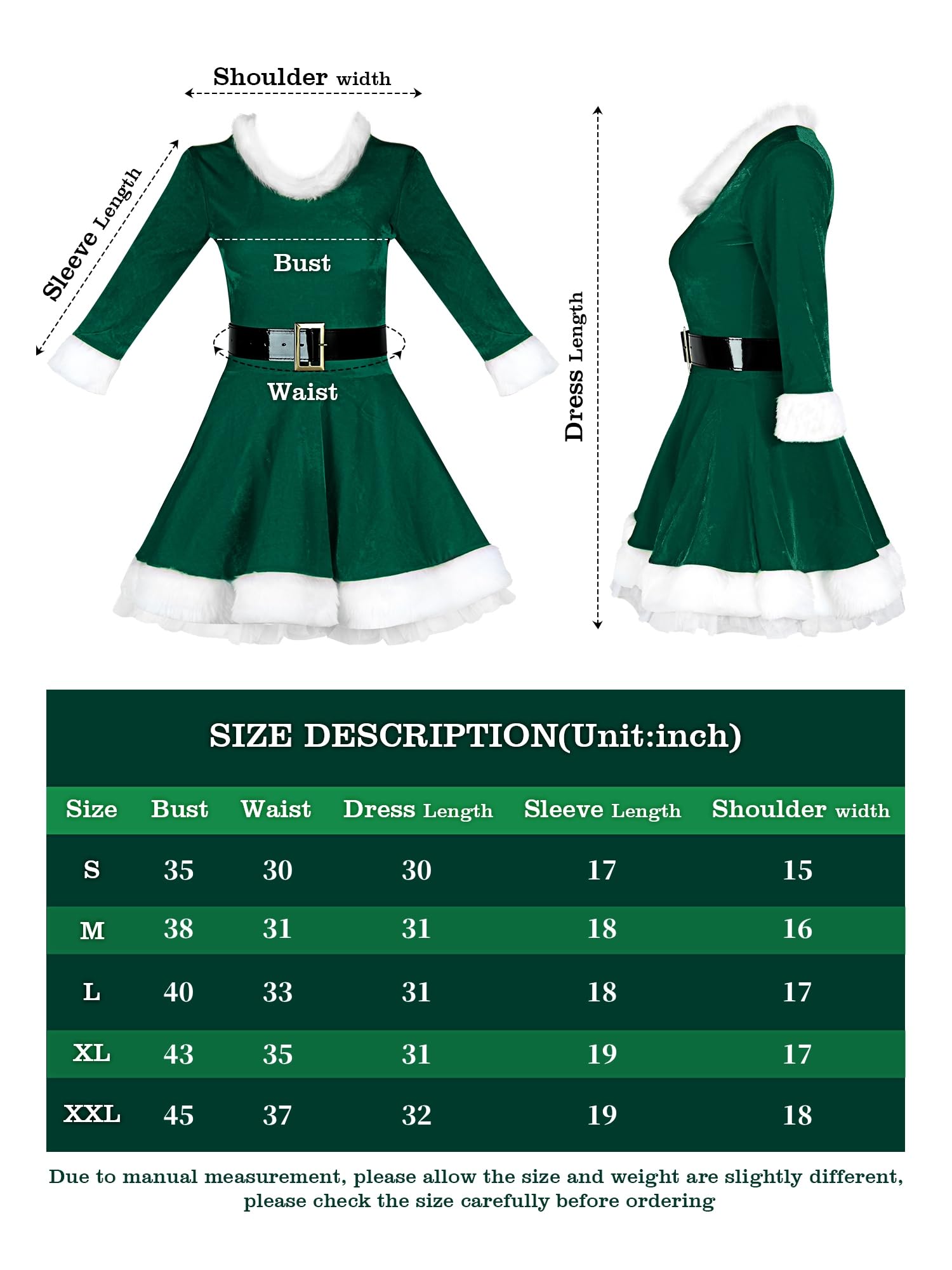Set de Costume Mère Noël Santa Claus Femme Set de Robe de Noël en Velours avec Ceintures Collants à Rayures Chapeau de Père Noël Déguisements Cosplay, Taille est Petit